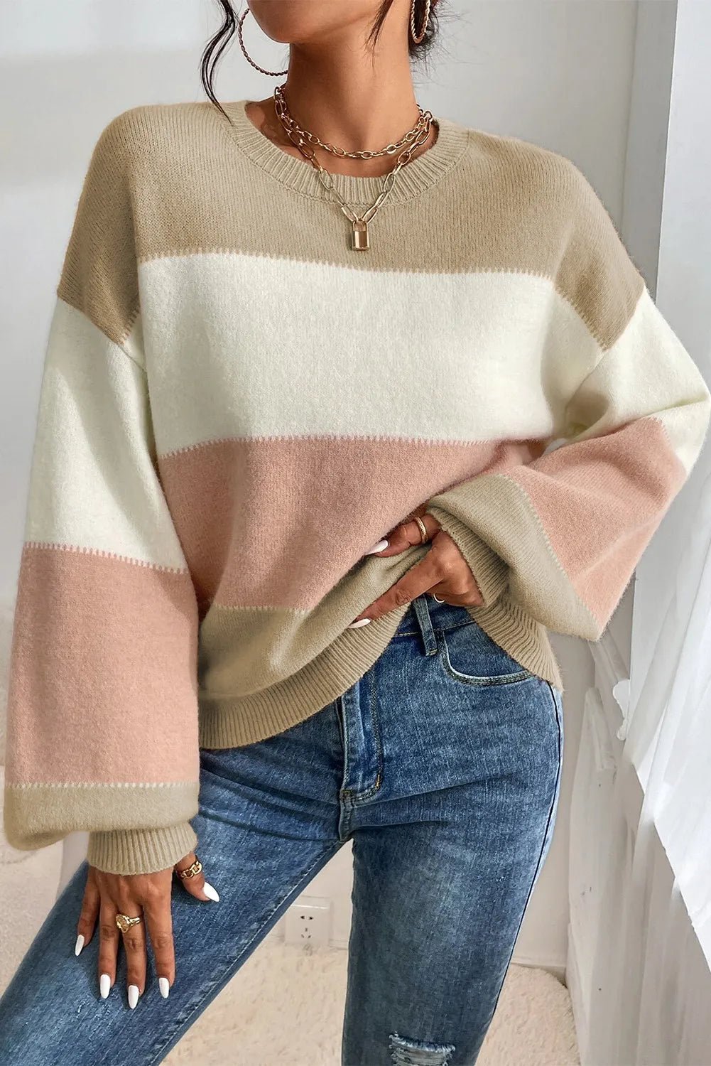 Color Block Round Neck Lantern Sleeve Sweater - ViarousViarousViarous