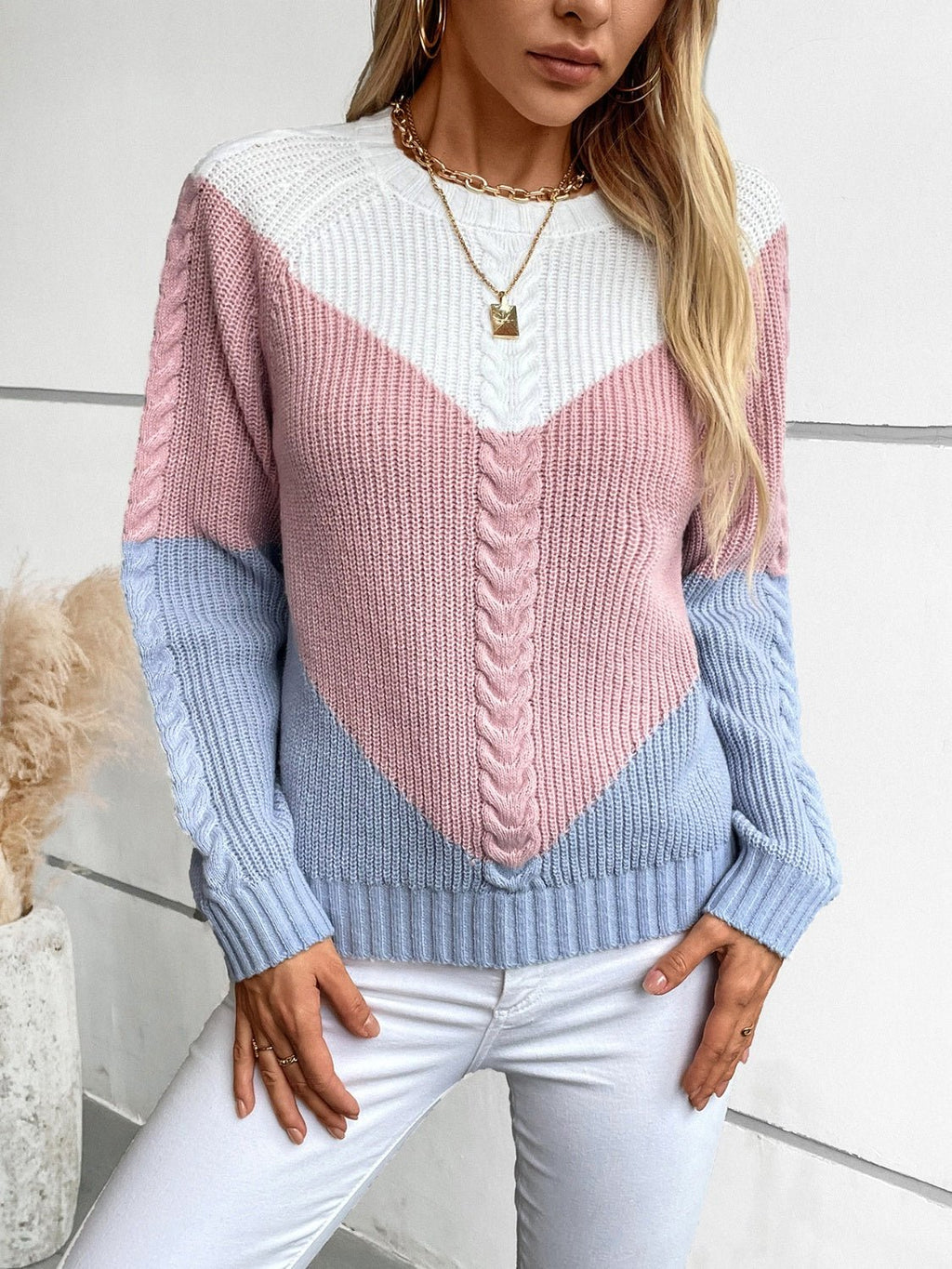 Color Block Round Neck Long Sleeve Sweater - ViarousViarousViarous