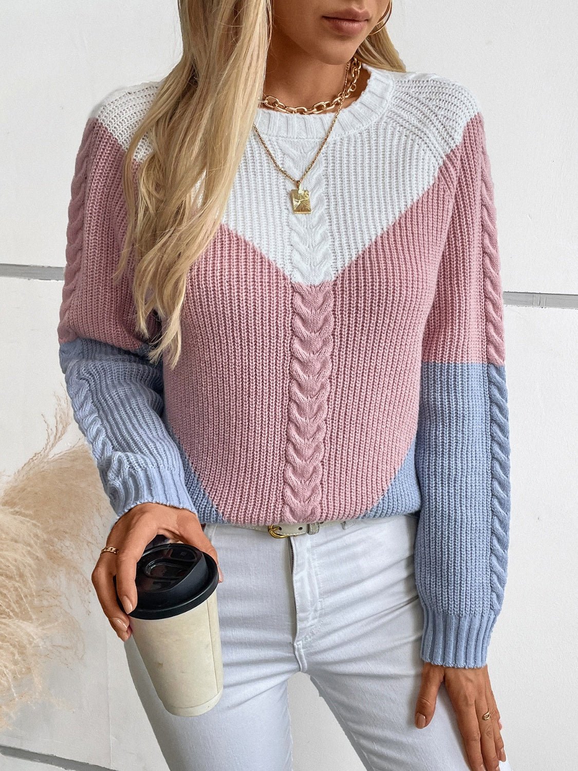 Color Block Round Neck Long Sleeve Sweater - ViarousViarousViarous