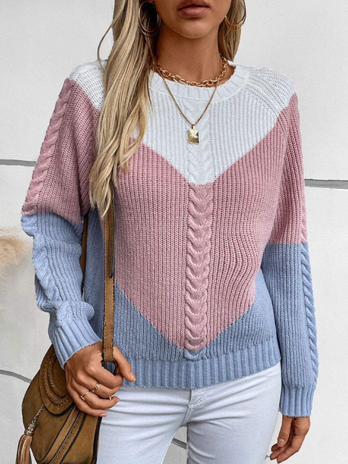 Color Block Round Neck Long Sleeve Sweater - ViarousViarousViarous