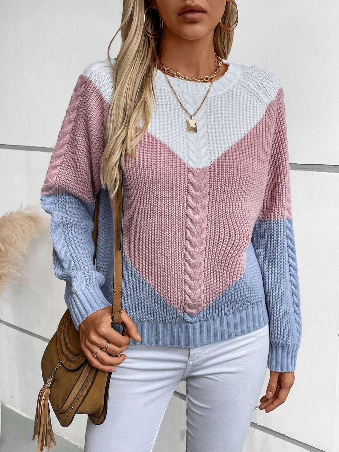 Color Block Round Neck Long Sleeve Sweater - ViarousViarousViarous