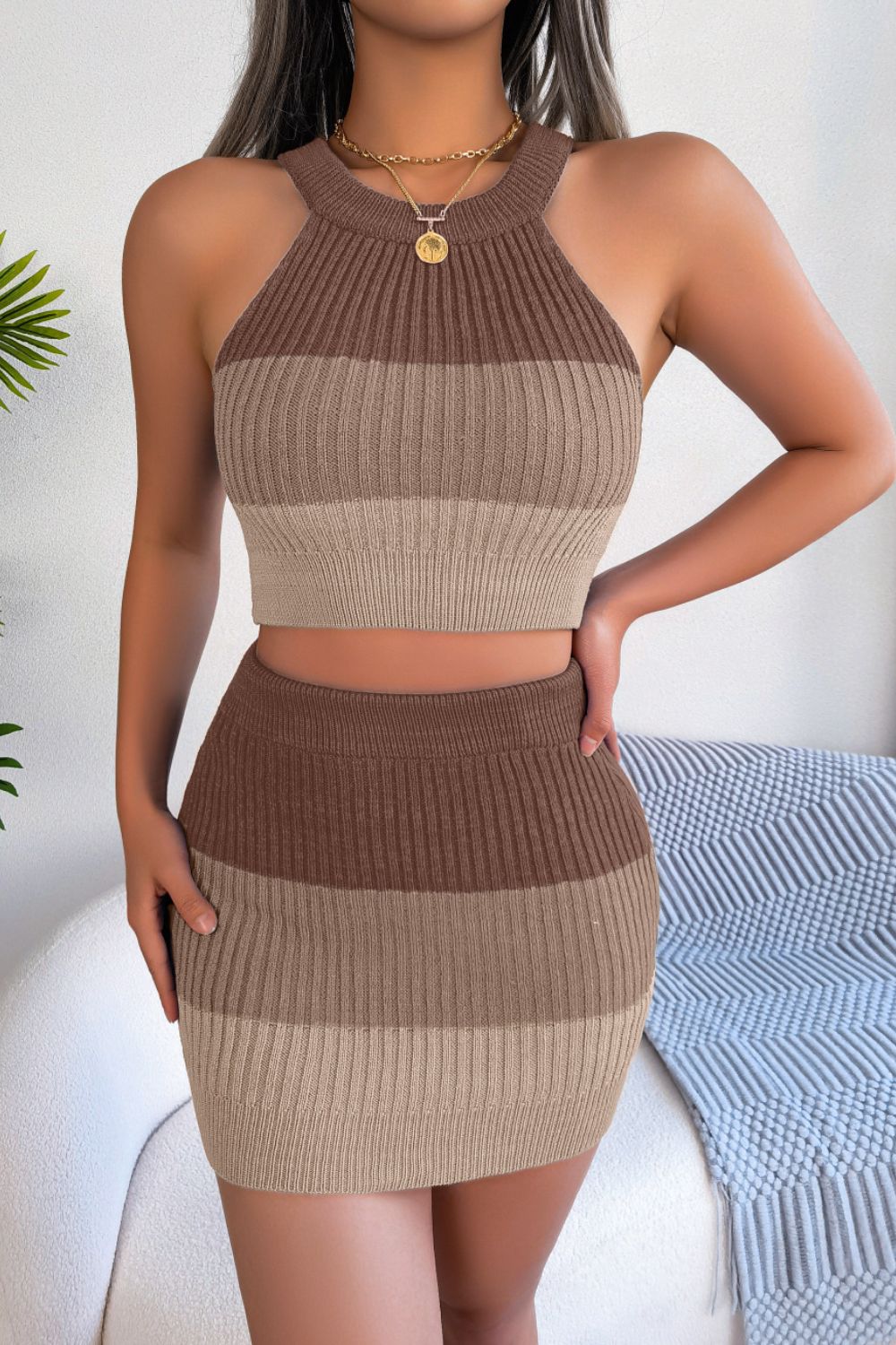 Color Block Sleeveless Crop Knit Top and Skirt Set - ViarousViarousViarous