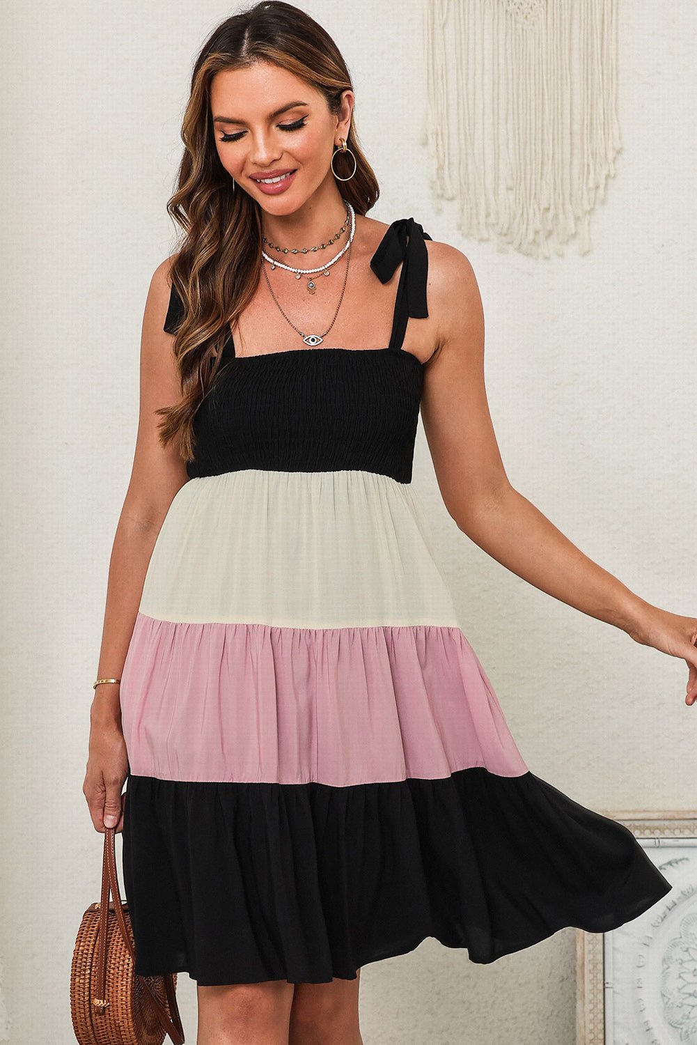 Color Block Tie Shoulder Tiered Dress - ViarousViarousViarous