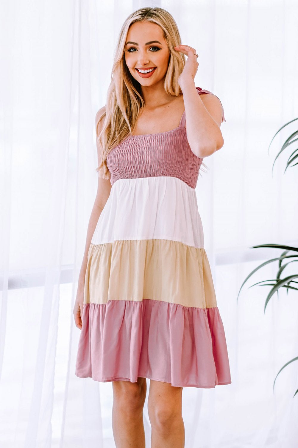 Color Block Tie Shoulder Tiered Dress - ViarousViarousViarous