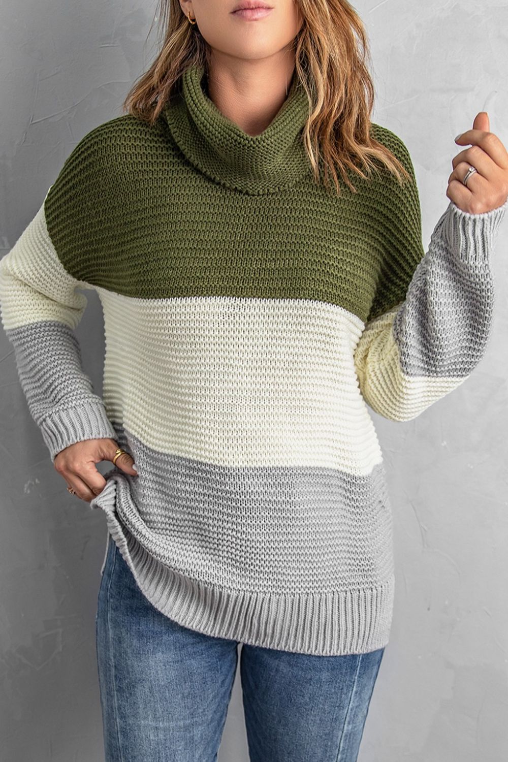 Color Block Turtleneck Long Sleeve Sweater - ViarousViarousViarous