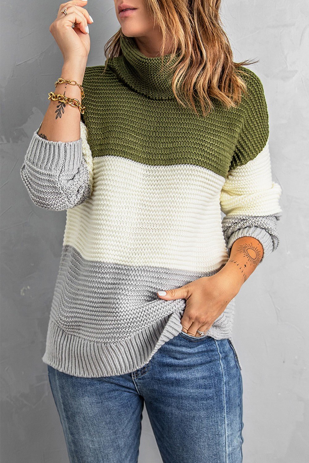 Color Block Turtleneck Long Sleeve Sweater - ViarousViarousViarous
