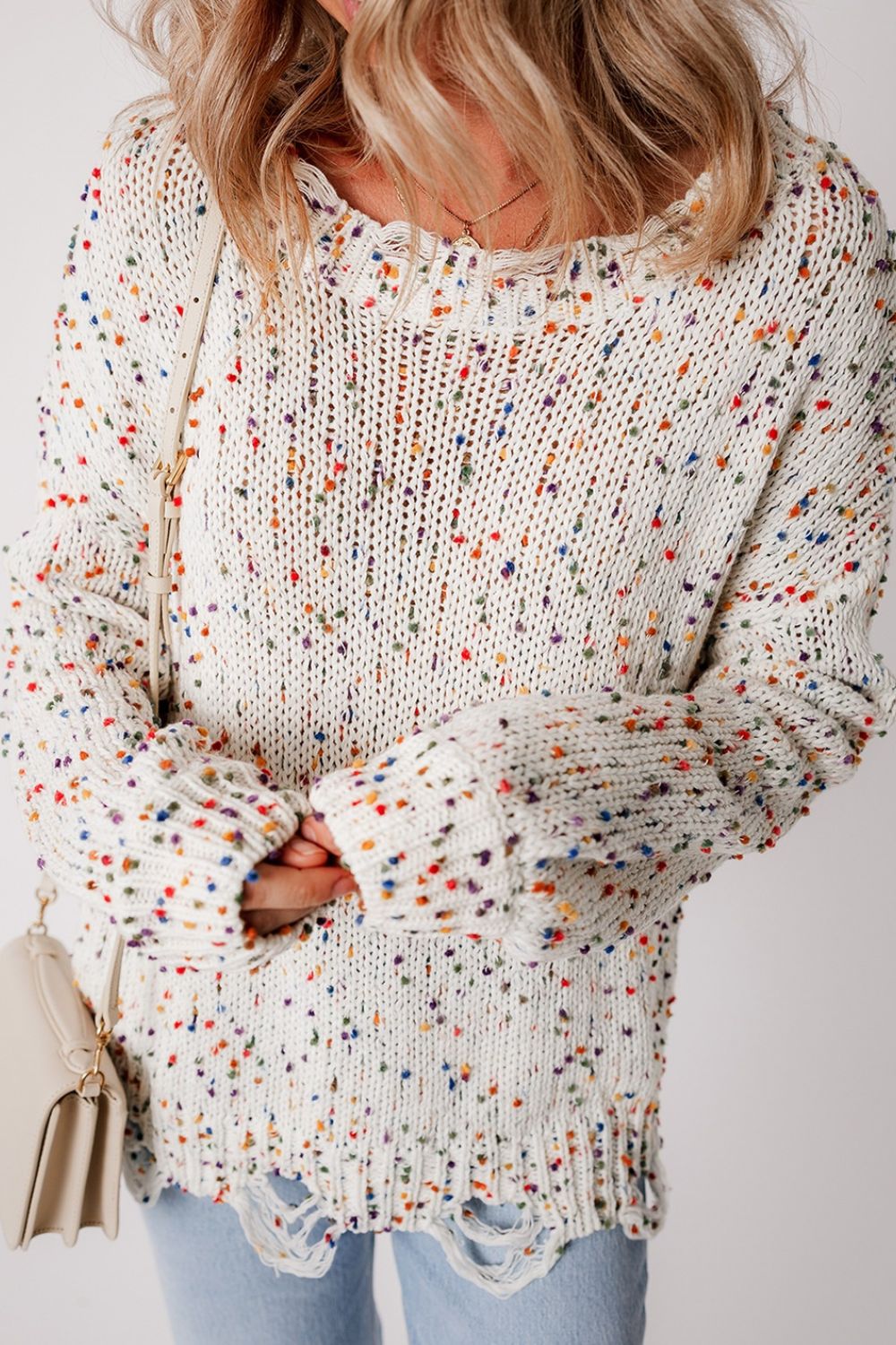 Confetti Distressed Hem Long Sleeve Sweater - ViarousViarousViarous