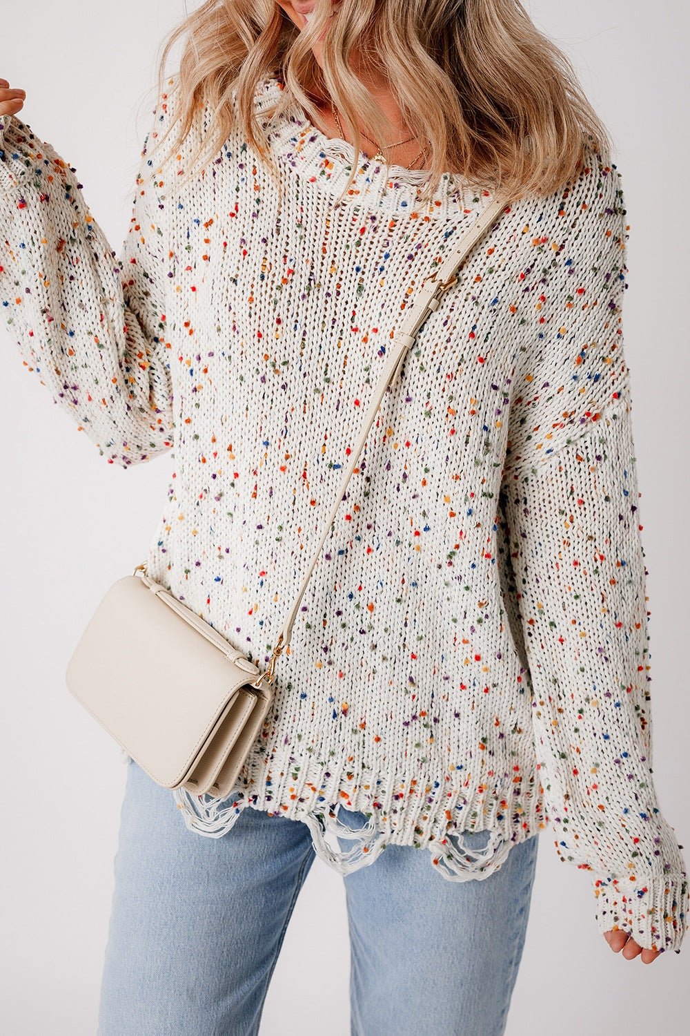 Confetti Distressed Hem Long Sleeve Sweater - ViarousViarousViarous
