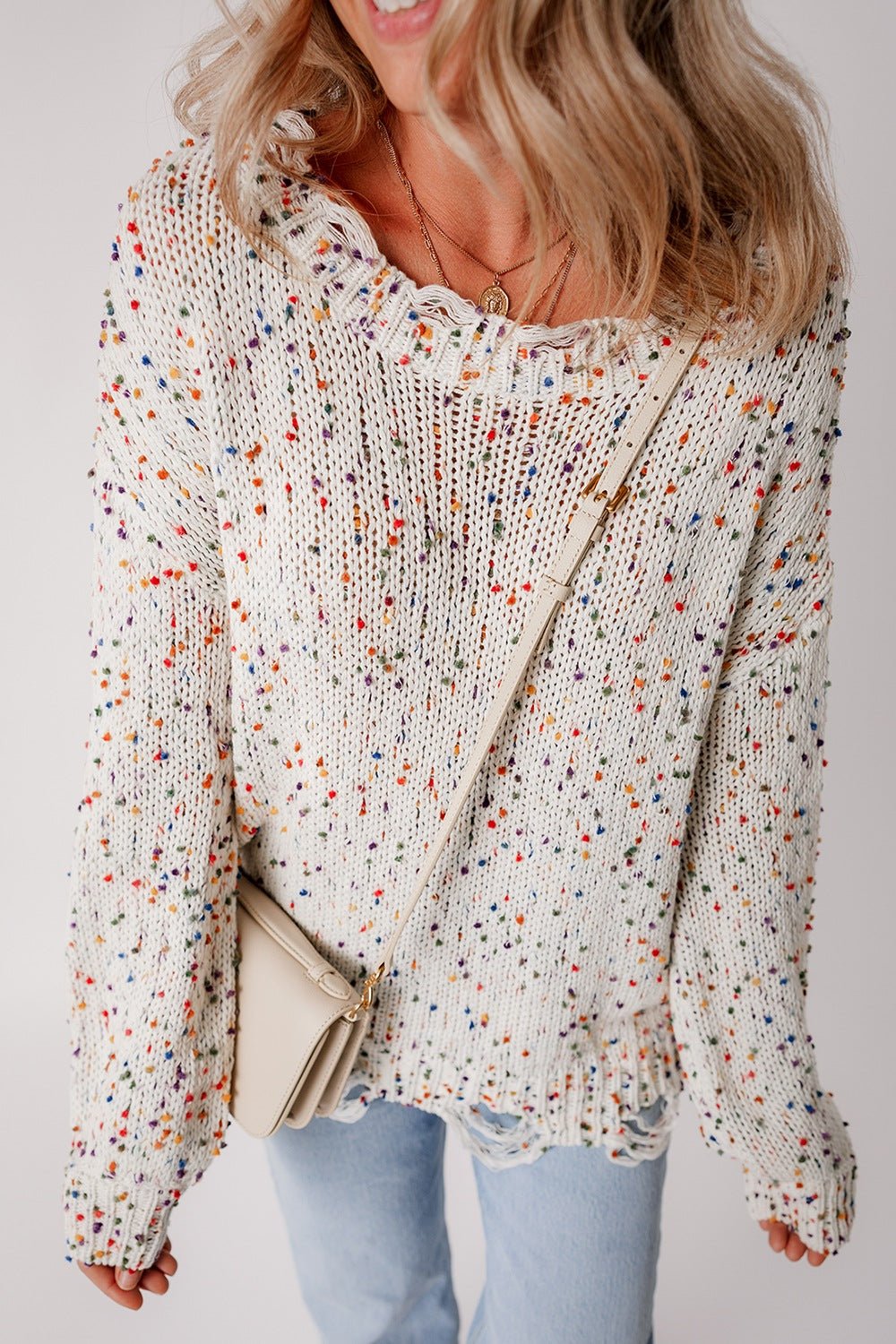 Confetti Distressed Hem Long Sleeve Sweater - ViarousViarousViarous