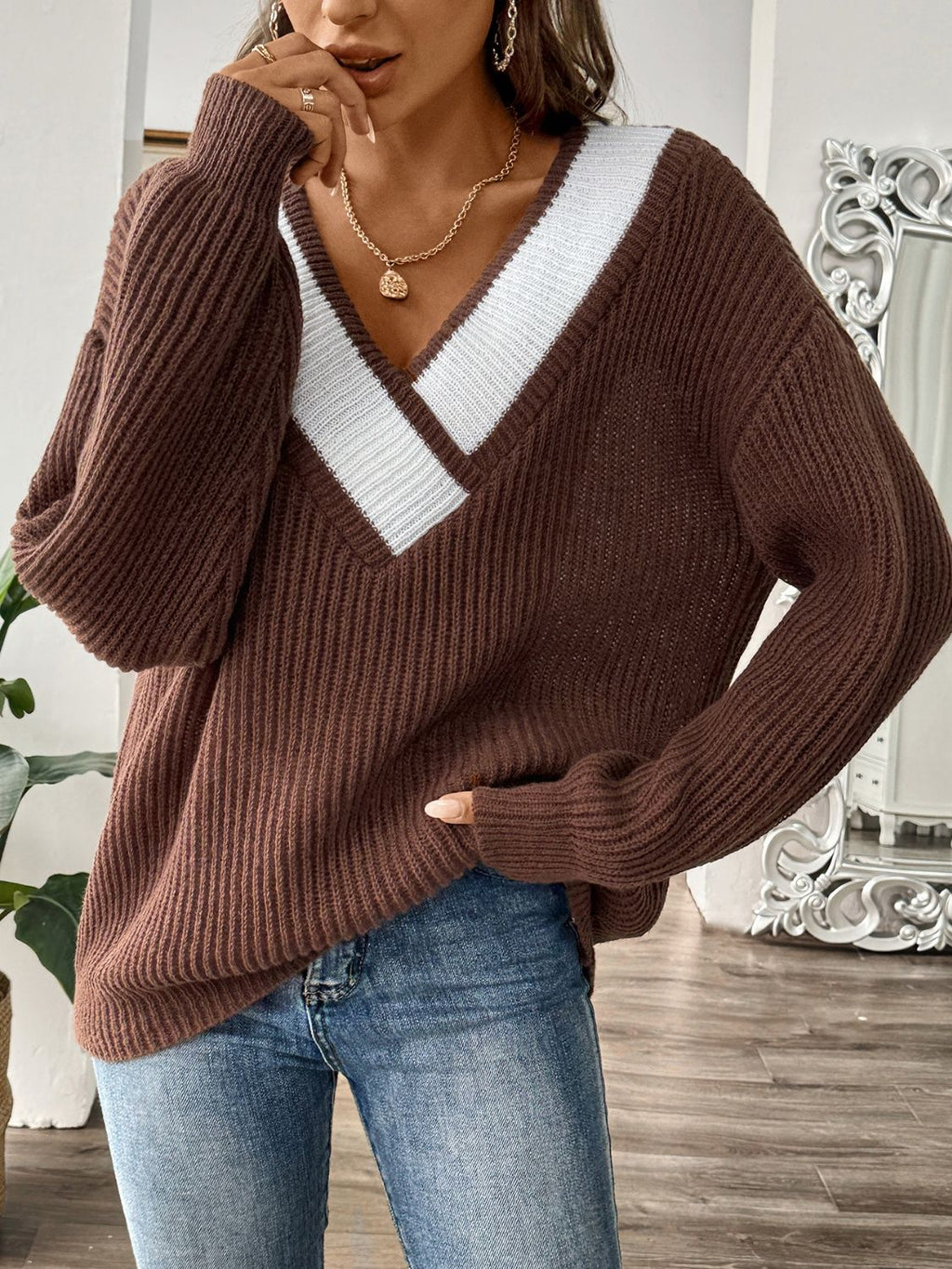 Contrast Dropped Shoulder Long Sleeve Sweater - ViarousViarousViarous