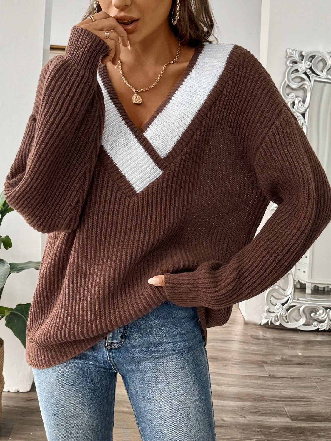 Contrast Dropped Shoulder Long Sleeve Sweater - ViarousViarousViarous