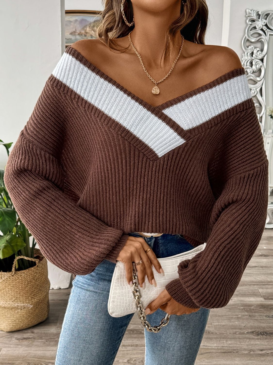 Contrast Dropped Shoulder Long Sleeve Sweater - ViarousViarousViarous