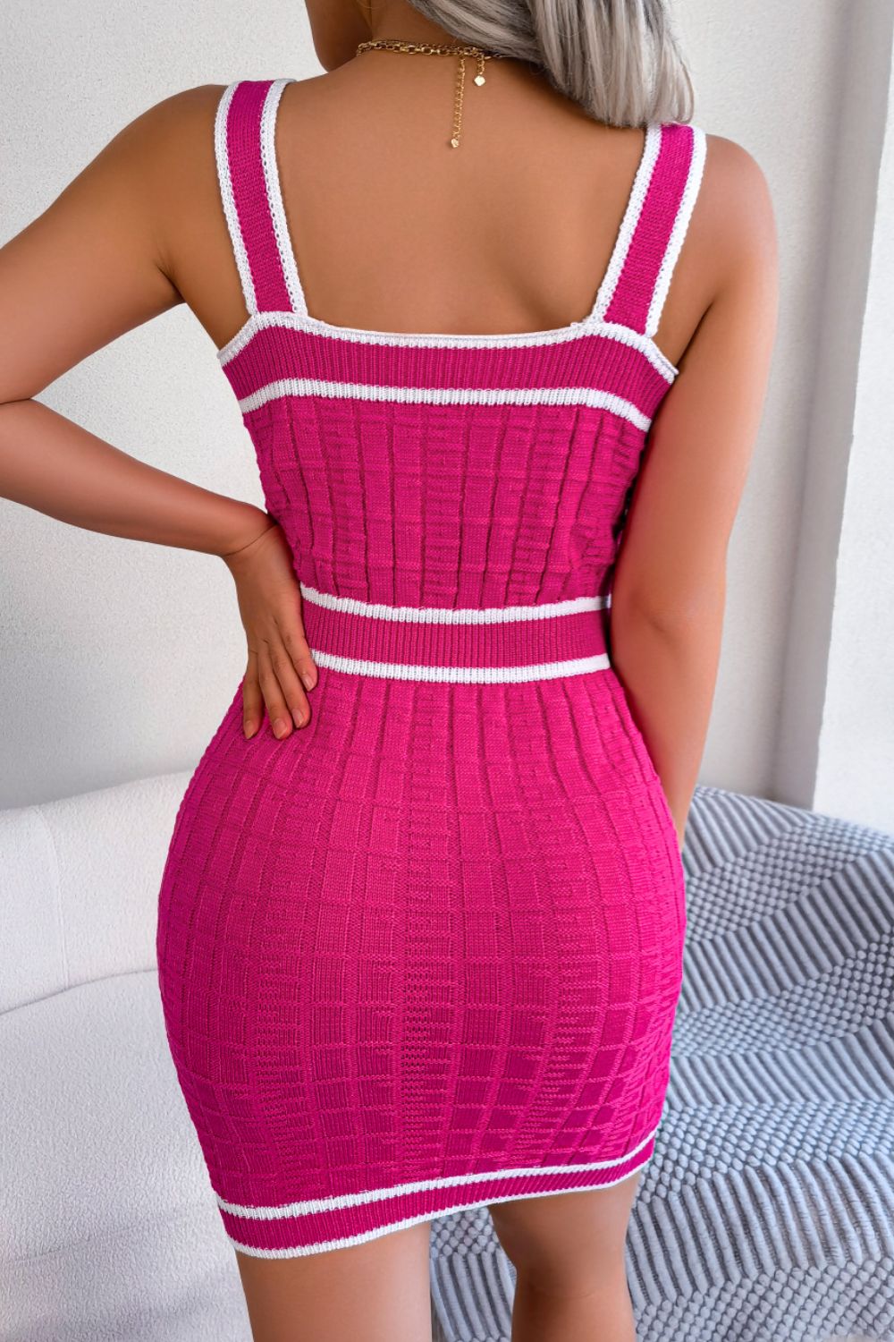 Contrast Trim Decorative Button Sleeveless Knit Dress - ViarousViarousViarous
