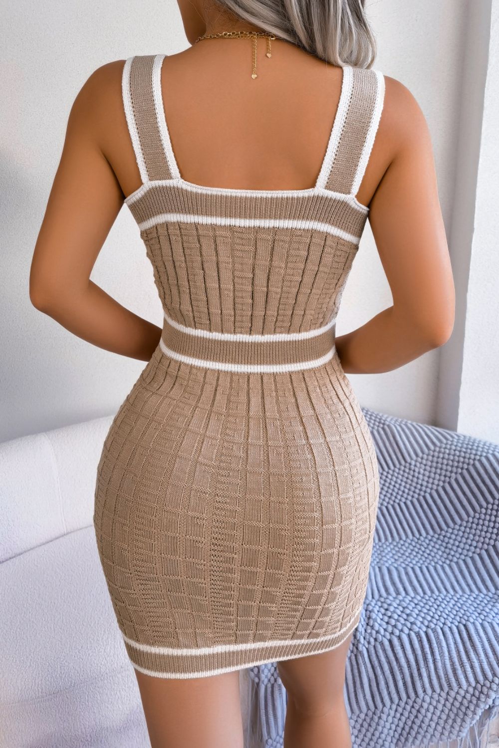 Contrast Trim Decorative Button Sleeveless Knit Dress - ViarousViarousViarous