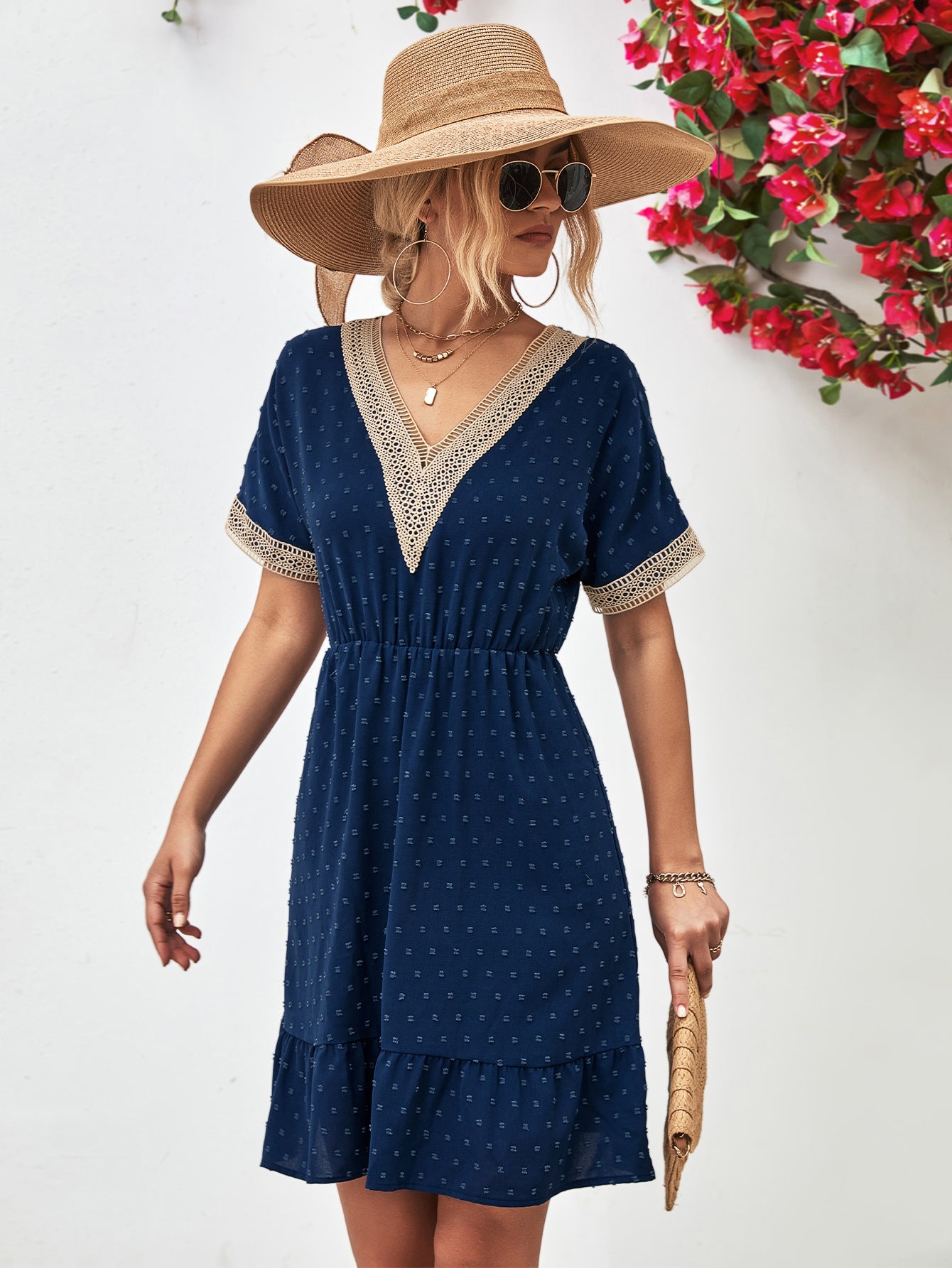 Contrast V - Neck Short Sleeve Mini Dress - ViarousViarousViarous