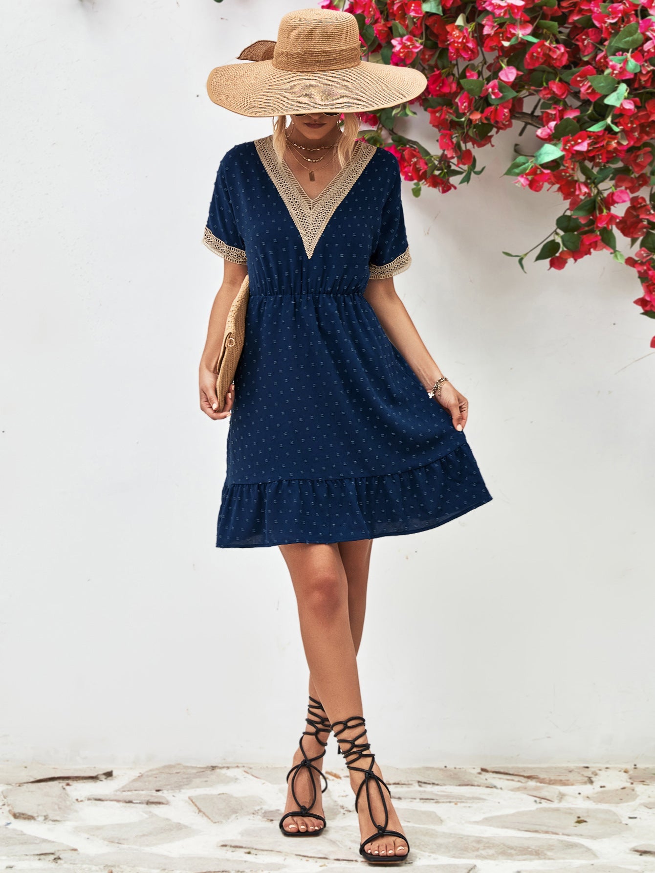 Contrast V - Neck Short Sleeve Mini Dress - ViarousViarousViarous