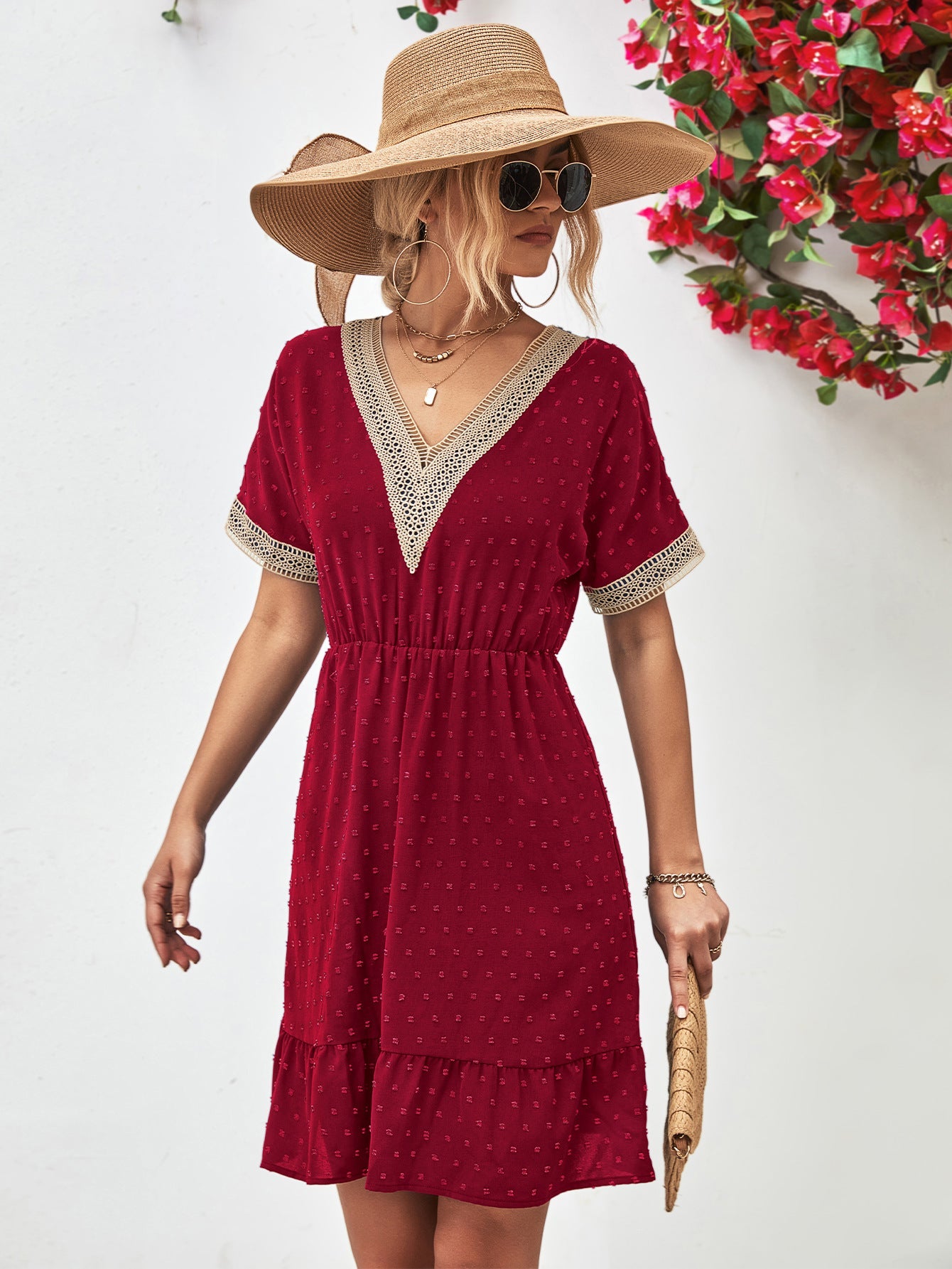 Contrast V - Neck Short Sleeve Mini Dress - ViarousViarousViarous