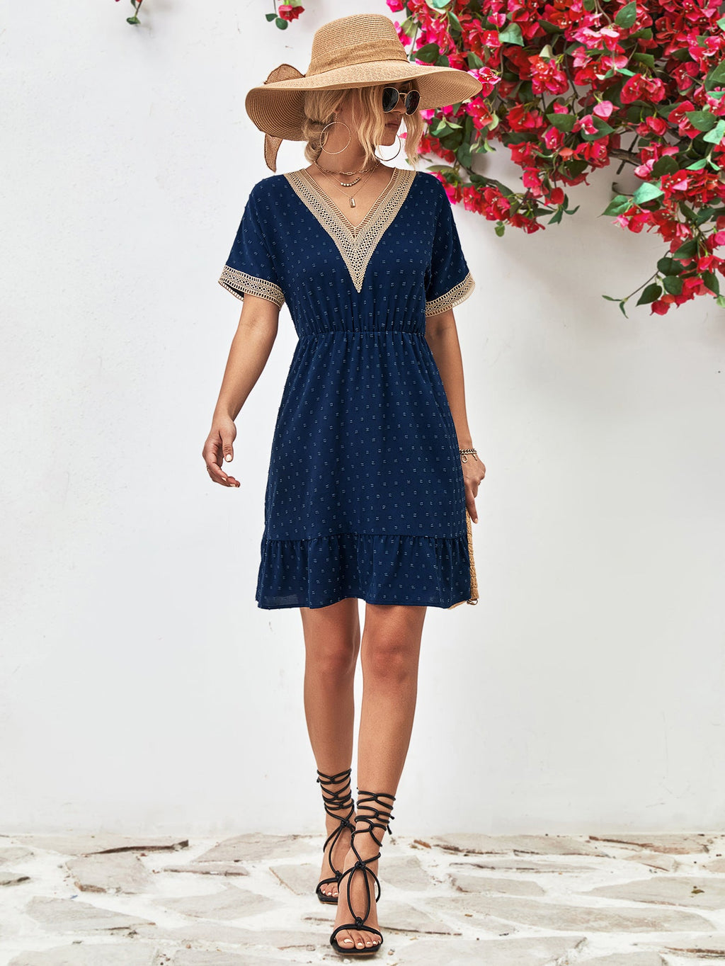 Contrast V - Neck Short Sleeve Mini Dress - ViarousViarousViarous