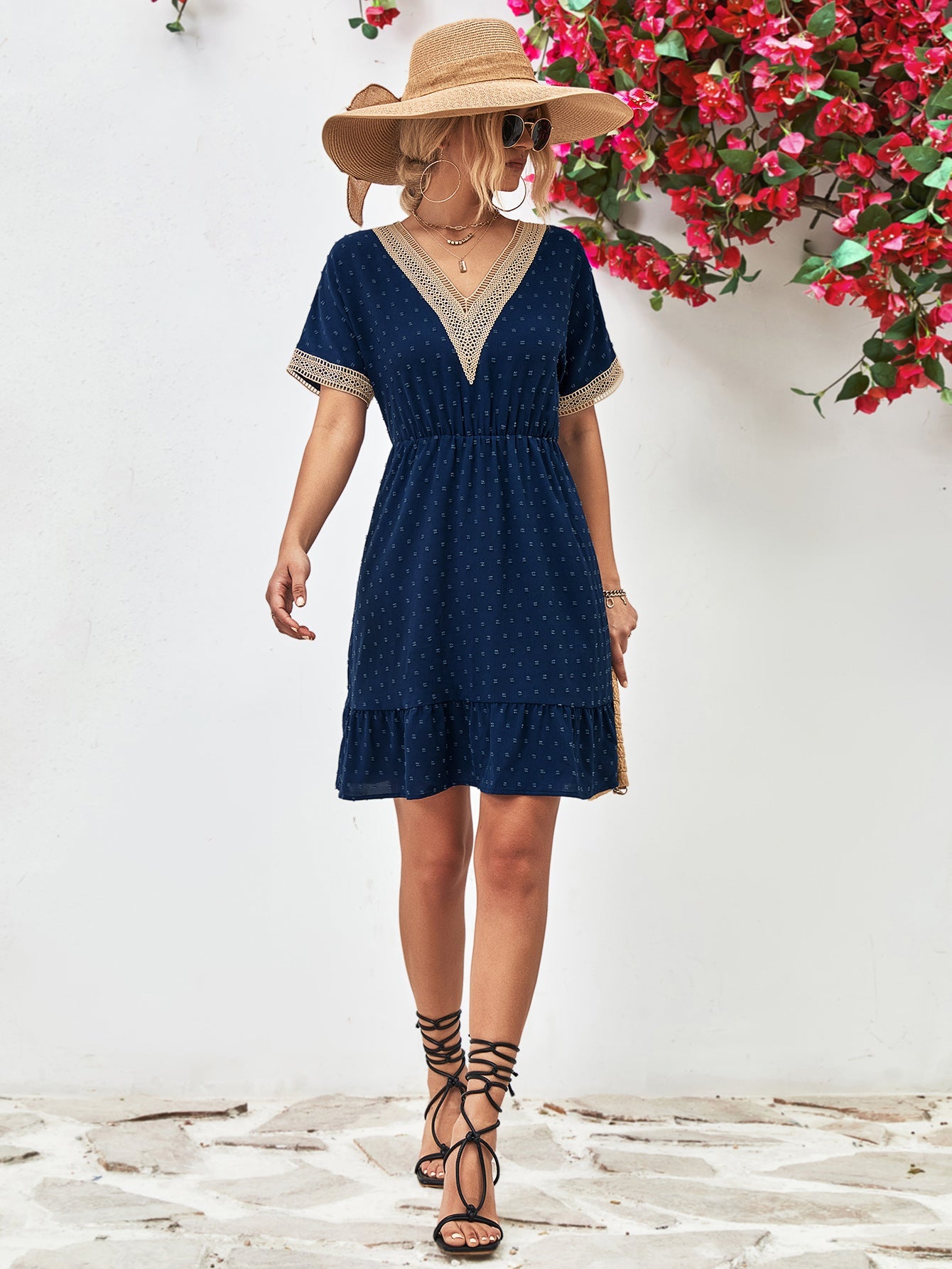 Contrast V - Neck Short Sleeve Mini Dress - ViarousViarousViarous