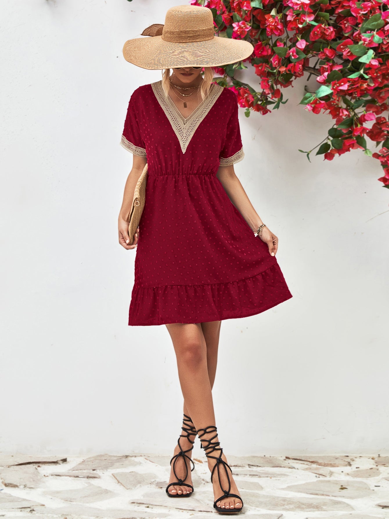 Contrast V - Neck Short Sleeve Mini Dress - ViarousViarousViarous