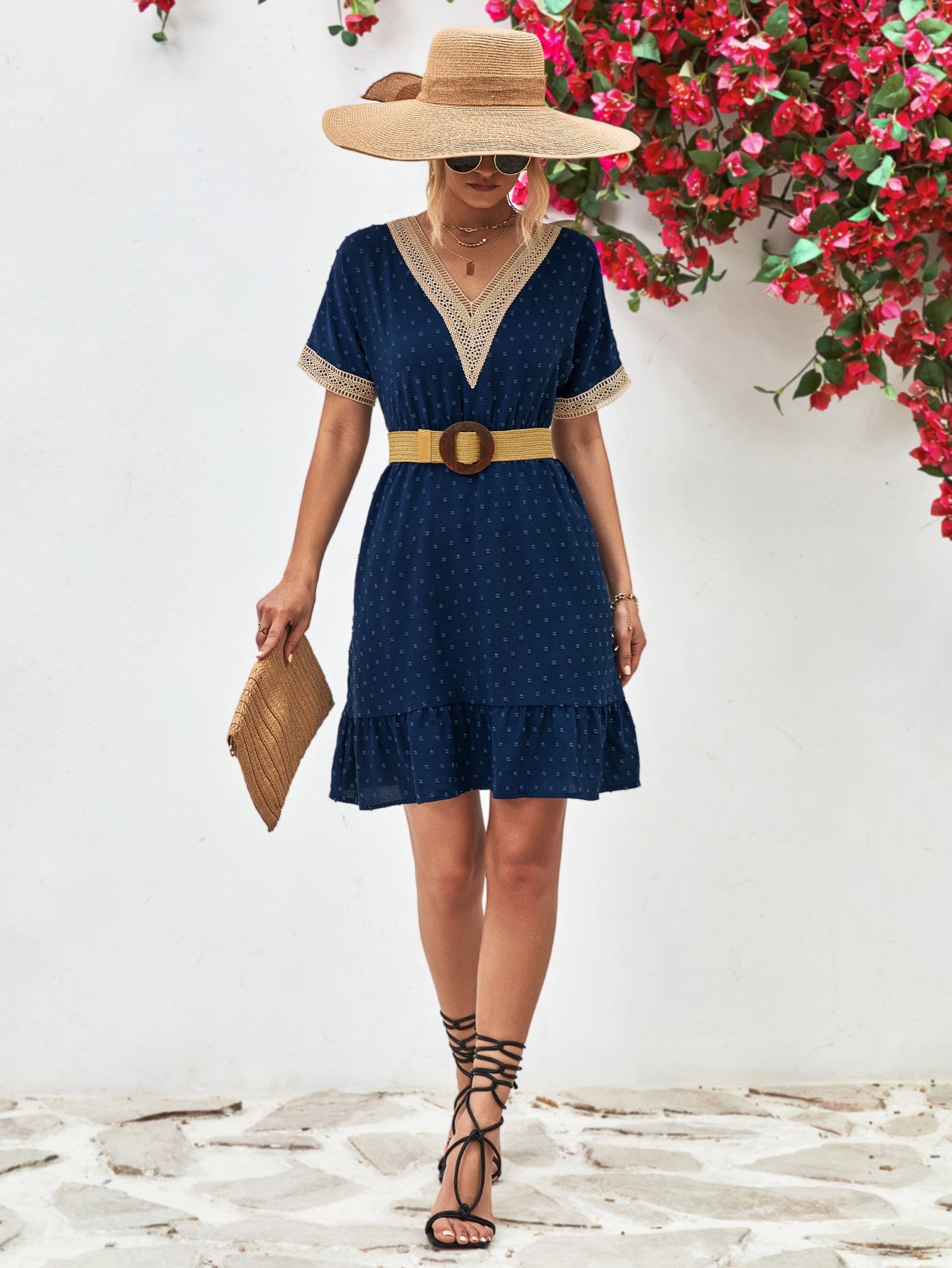 Contrast V - Neck Short Sleeve Mini Dress - ViarousViarousViarous