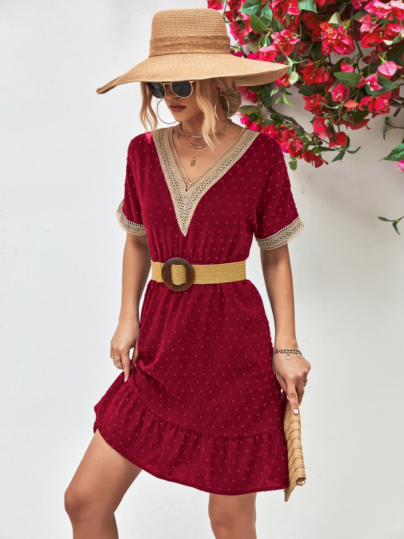 Contrast V - Neck Short Sleeve Mini Dress - ViarousViarousViarous