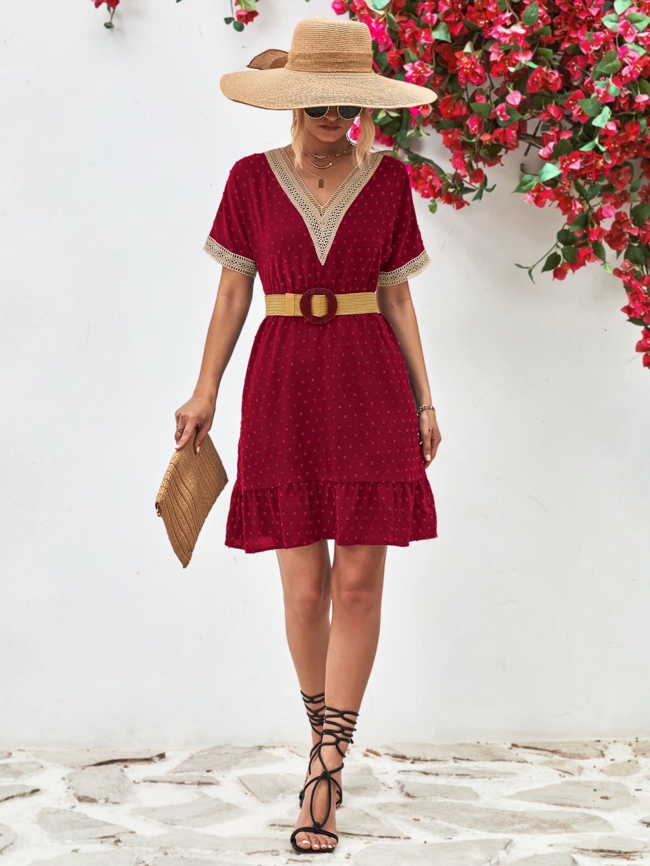 Contrast V - Neck Short Sleeve Mini Dress - ViarousViarousViarous
