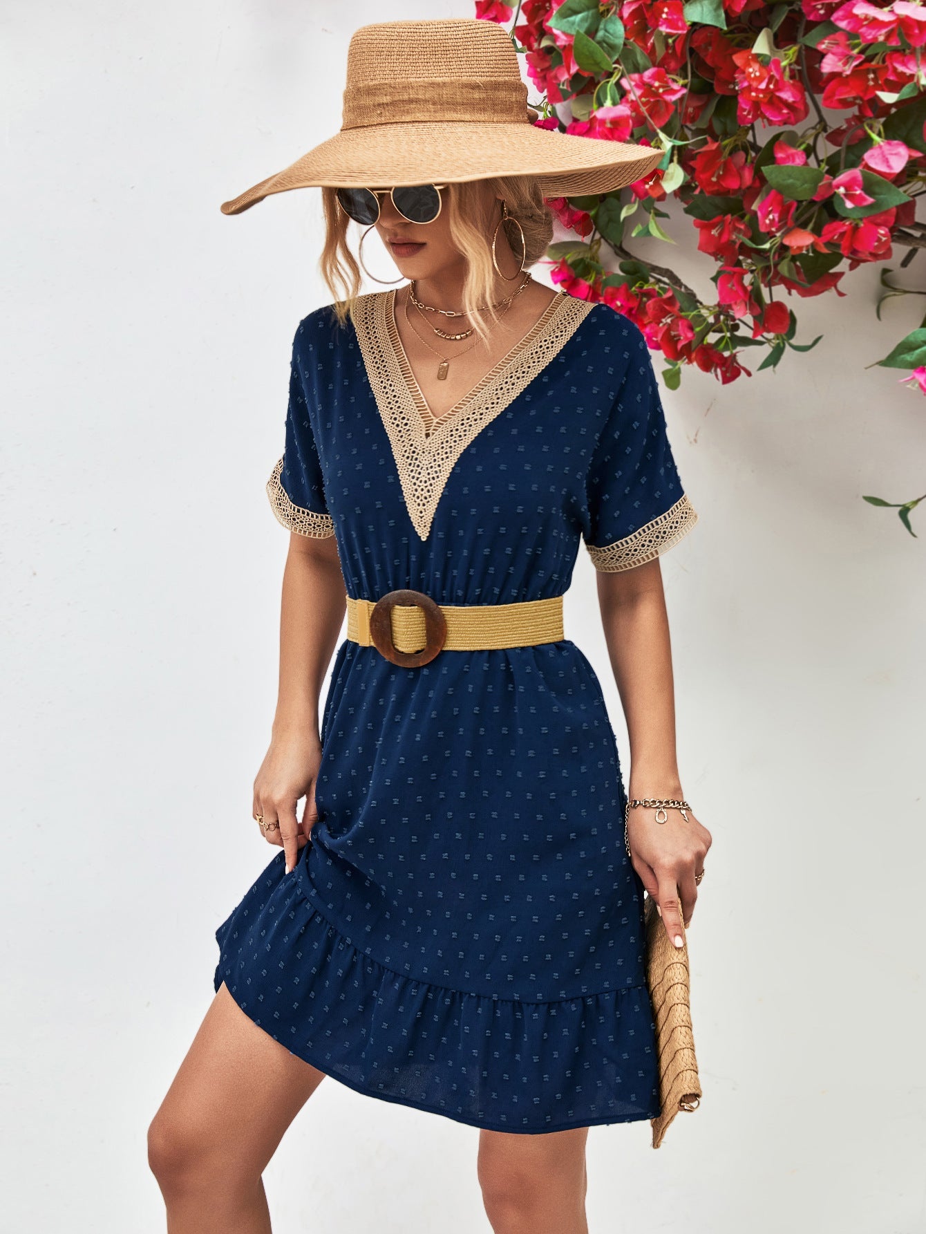 Contrast V - Neck Short Sleeve Mini Dress - ViarousViarousViarous