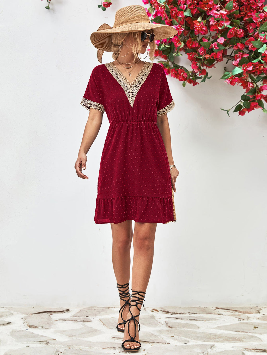 Contrast V - Neck Short Sleeve Mini Dress - ViarousViarousViarous
