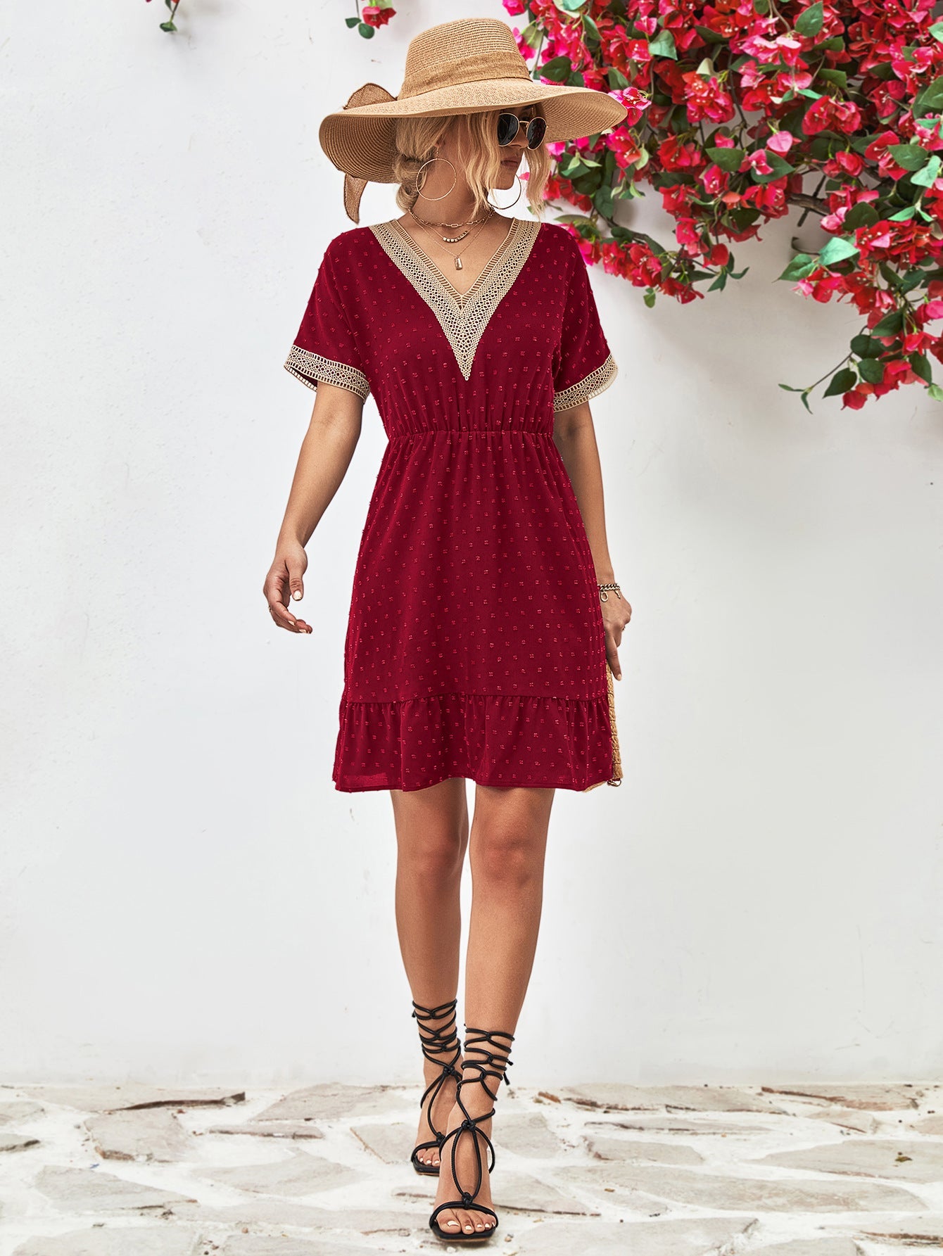 Contrast V - Neck Short Sleeve Mini Dress - ViarousViarousViarous