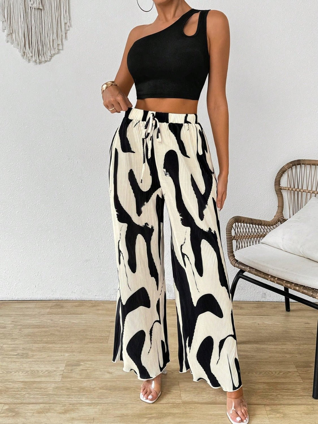 Cutout One Shoulder Top and Printed Pants Set - ViarousViarousViarous
