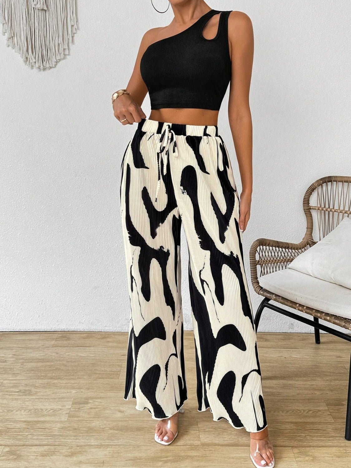 Cutout One Shoulder Top and Printed Pants Set - ViarousViarousViarous
