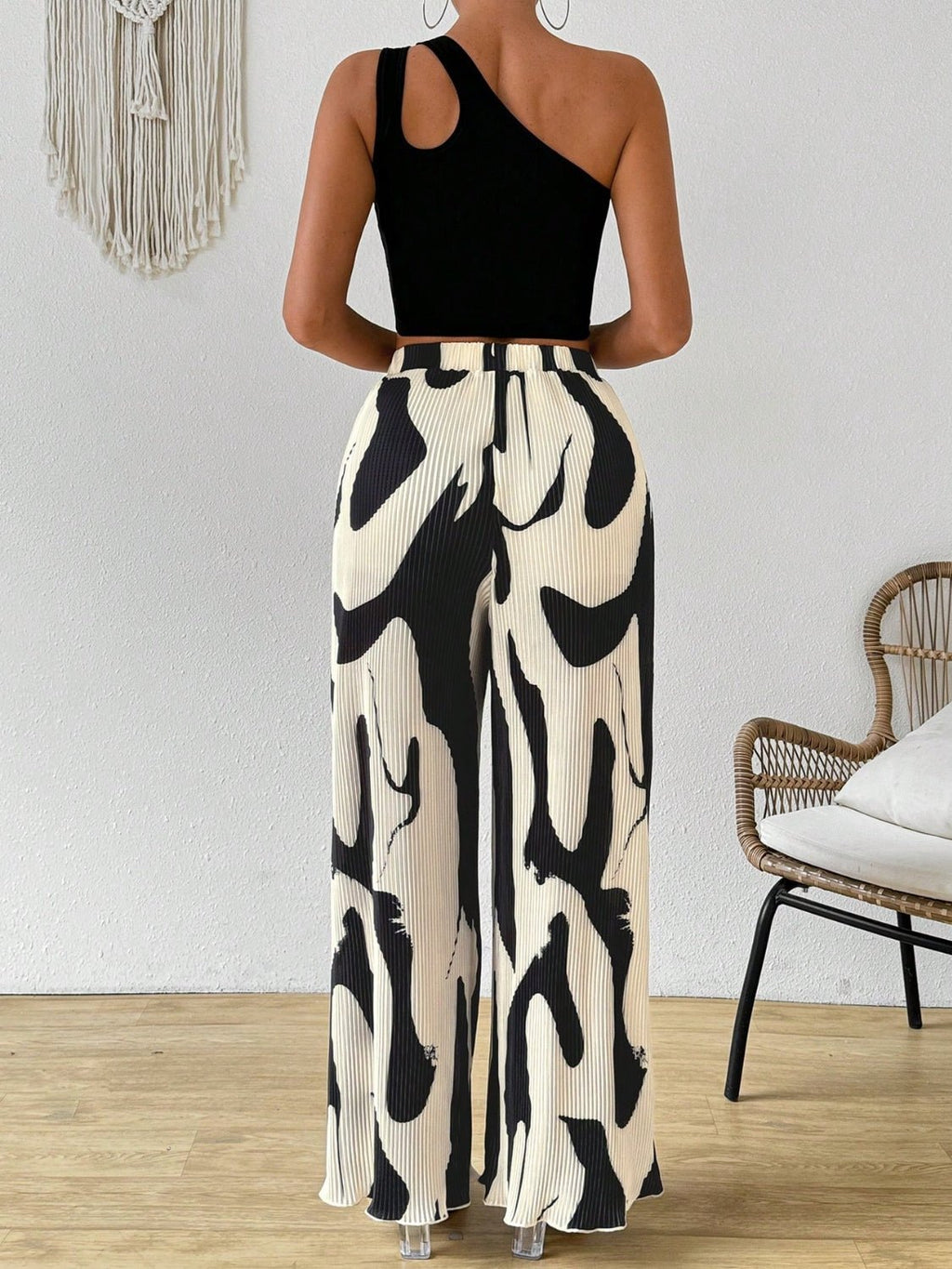 Cutout One Shoulder Top and Printed Pants Set - ViarousViarousViarous
