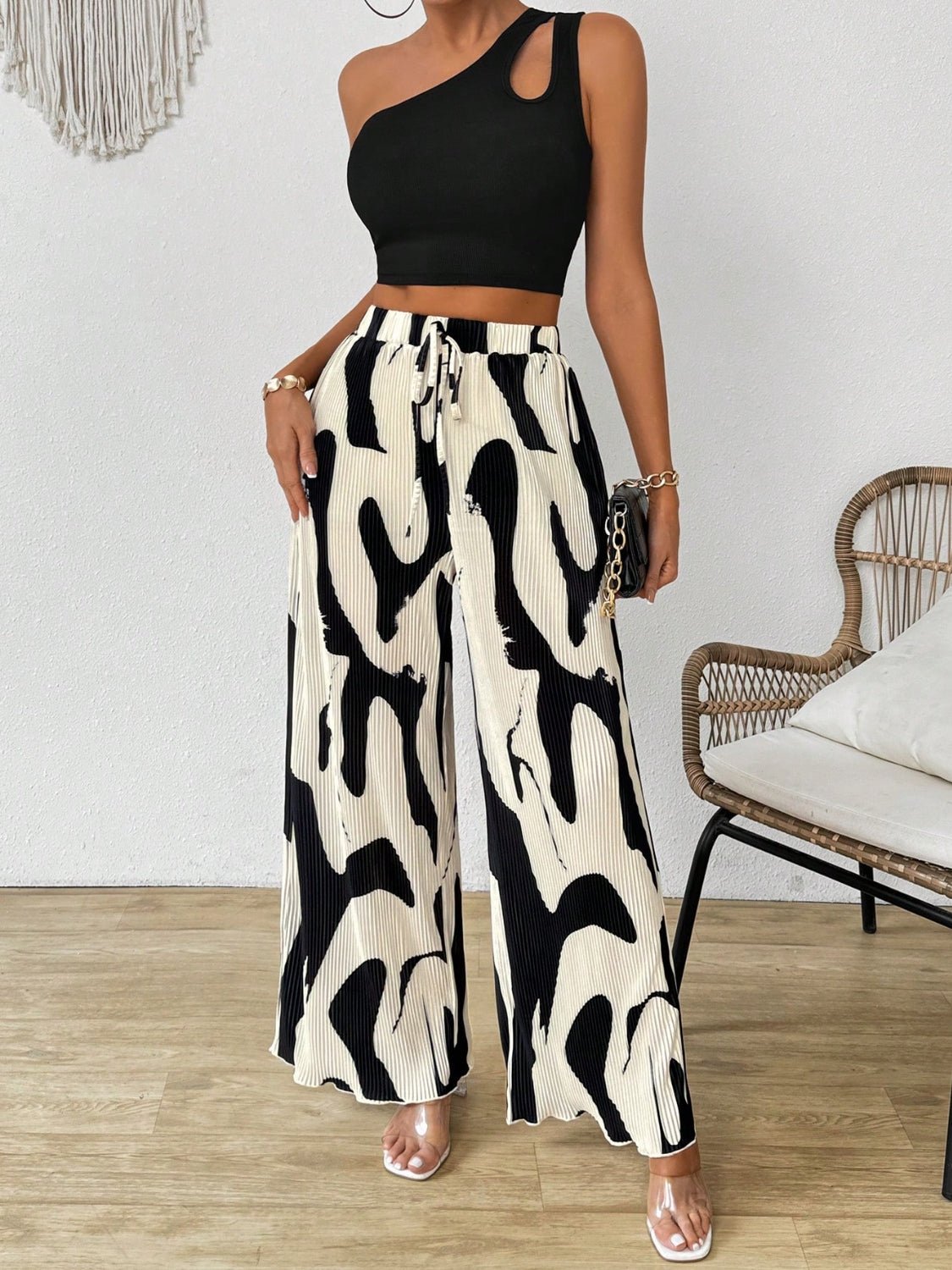 Cutout One Shoulder Top and Printed Pants Set - ViarousViarousViarous