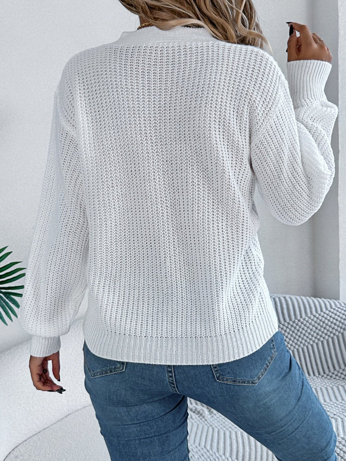 Cutout V - Neck Long Sleeve Sweater - ViarousViarousViarous