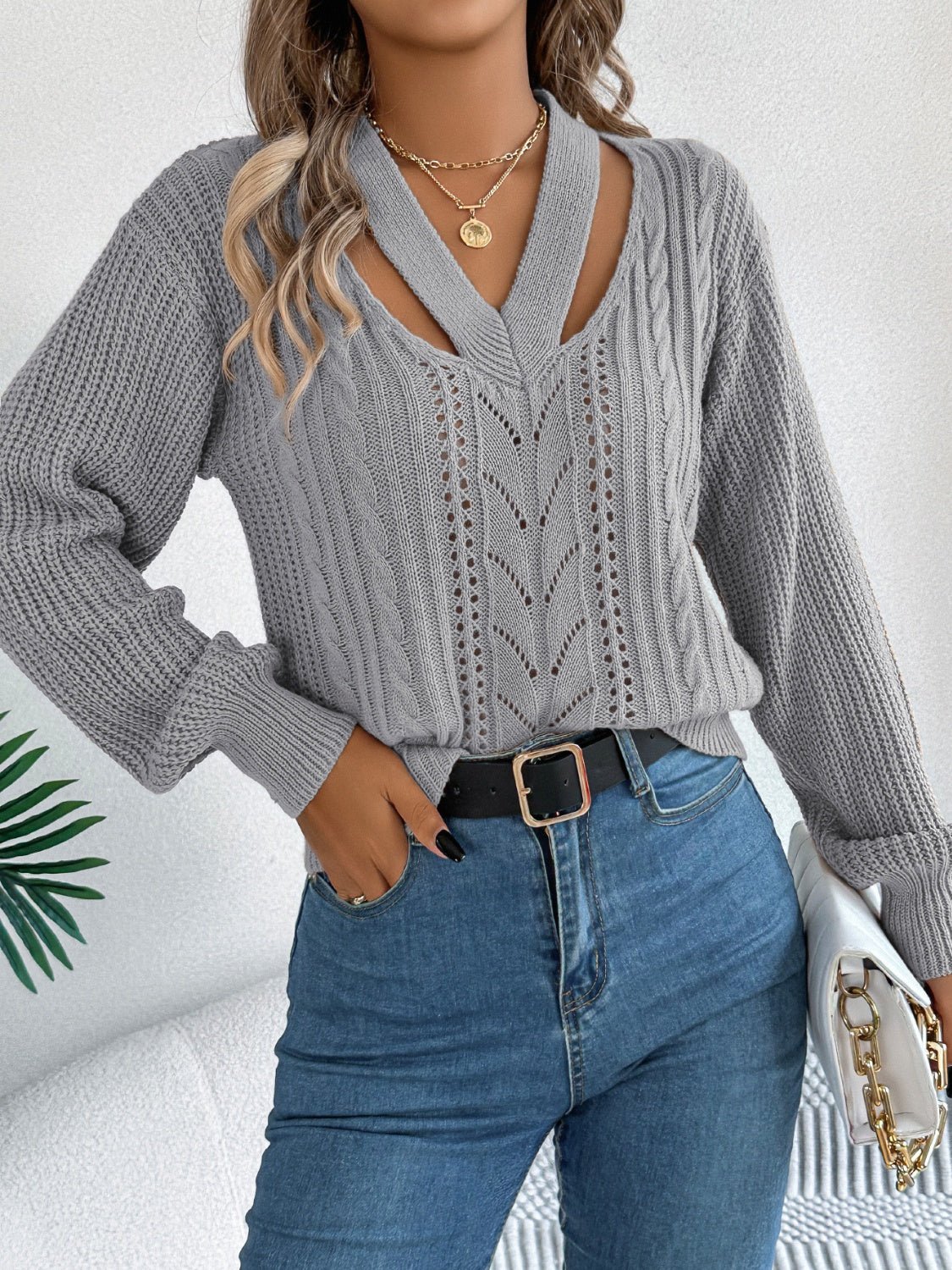 Cutout V - Neck Long Sleeve Sweater - ViarousViarousViarous