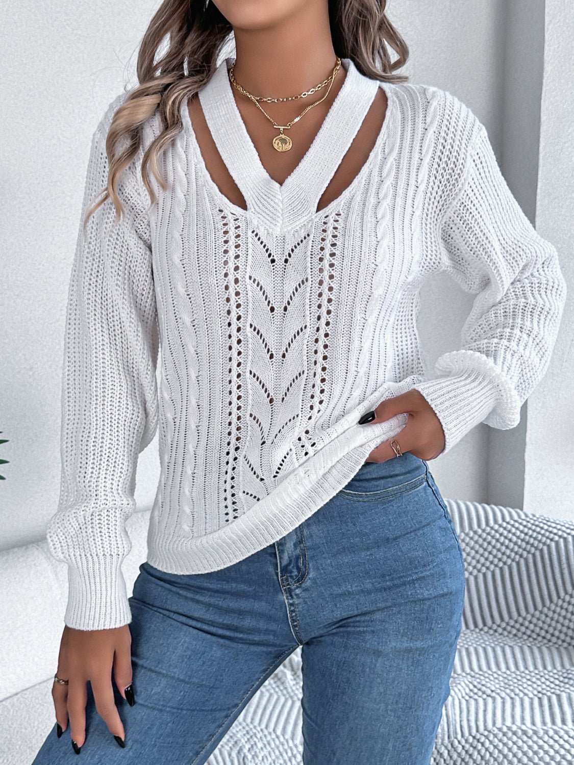 Cutout V - Neck Long Sleeve Sweater - ViarousViarousViarous