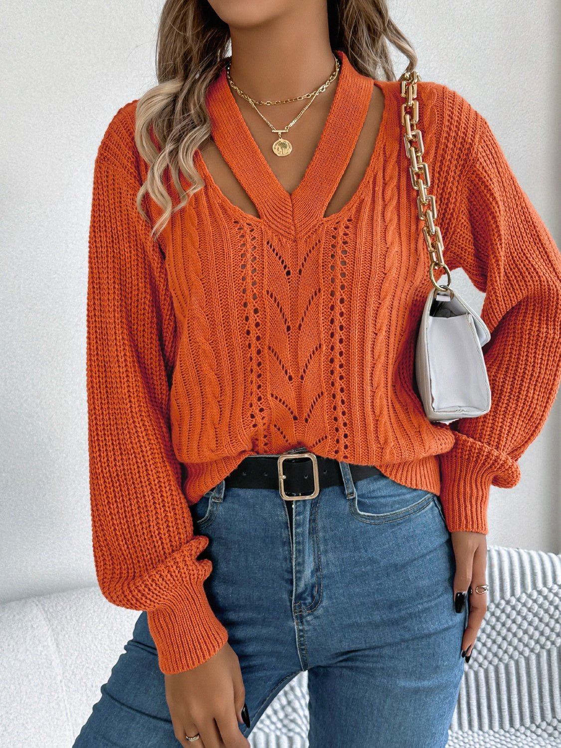 Cutout V - Neck Long Sleeve Sweater - ViarousViarousViarous