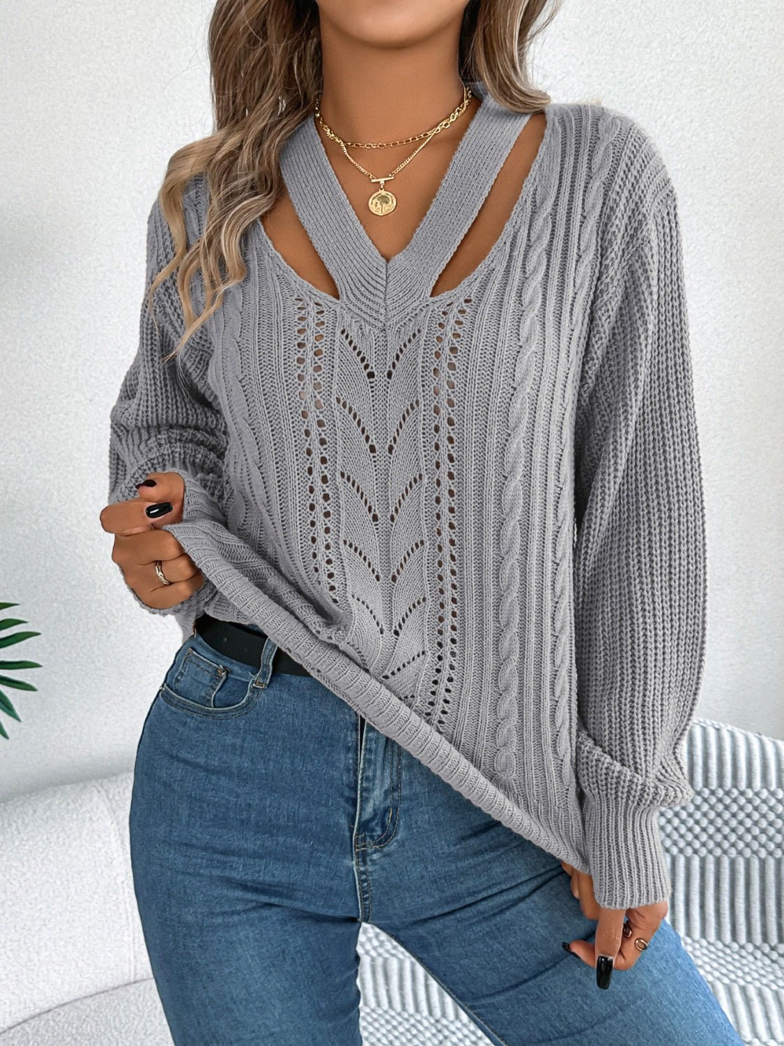 Cutout V - Neck Long Sleeve Sweater - ViarousViarousViarous