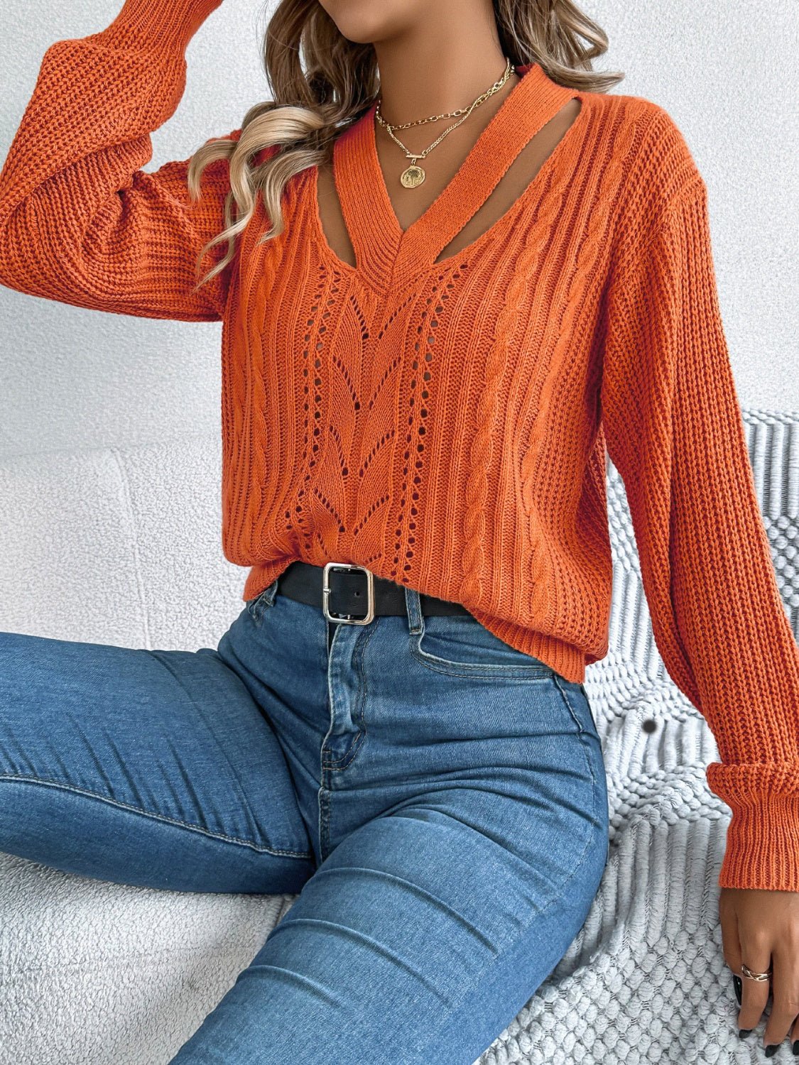 Cutout V - Neck Long Sleeve Sweater - ViarousViarousViarous