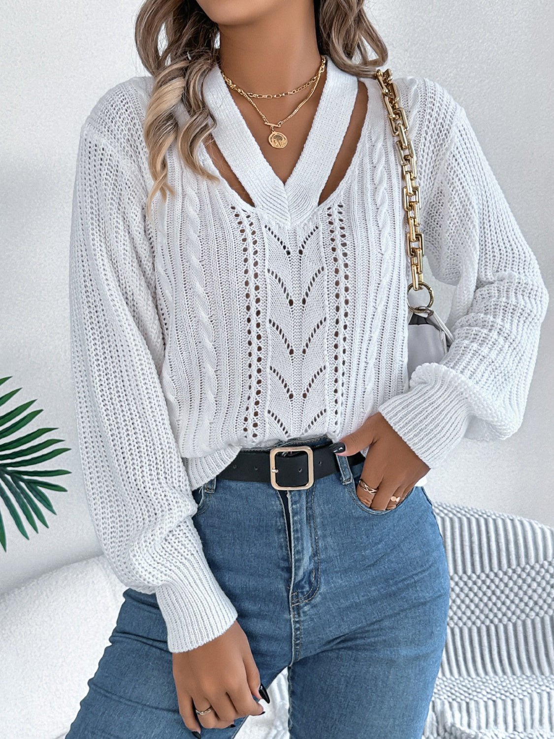 Cutout V - Neck Long Sleeve Sweater - ViarousViarousViarous