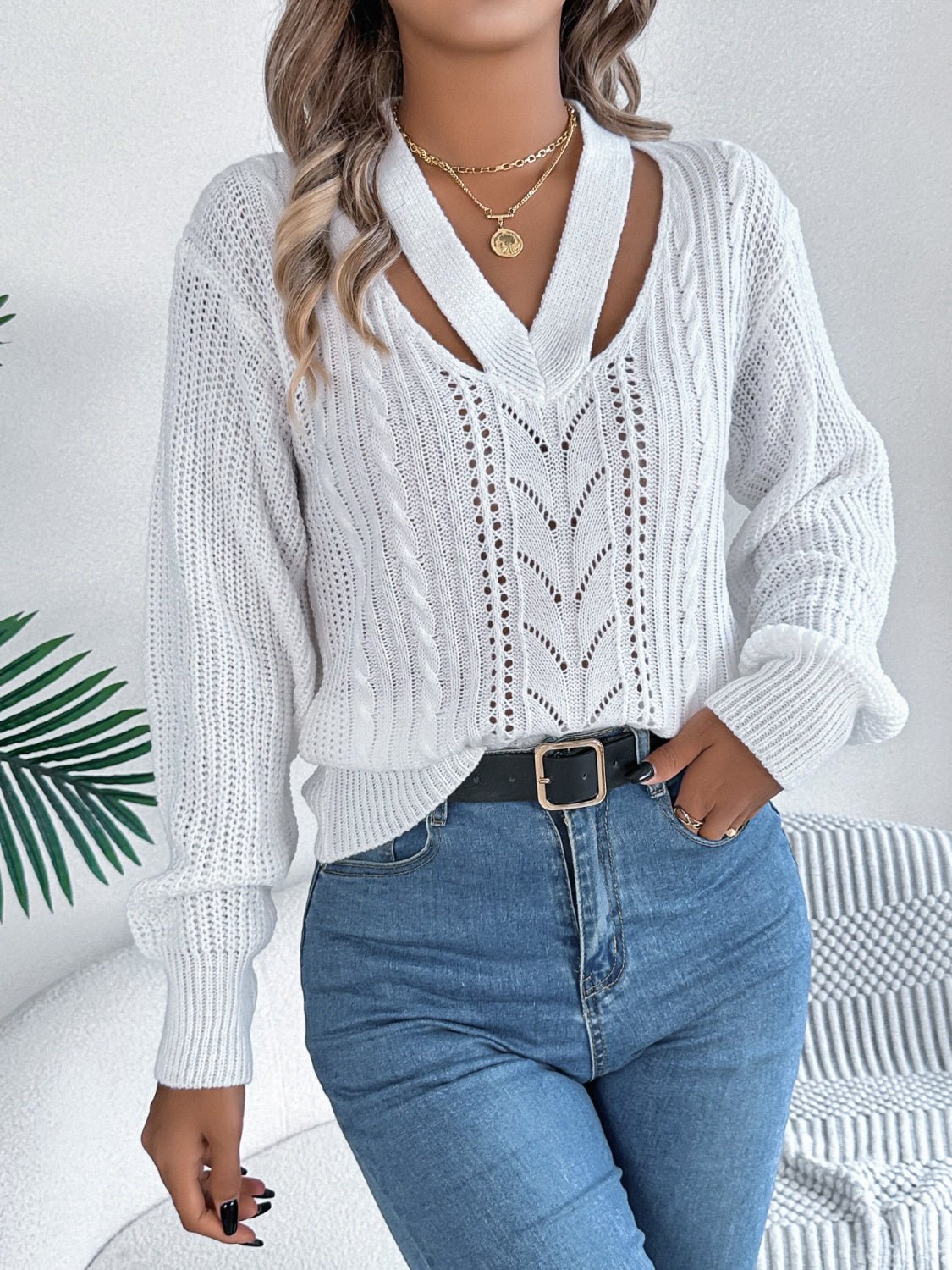 Cutout V - Neck Long Sleeve Sweater - ViarousViarousViarous