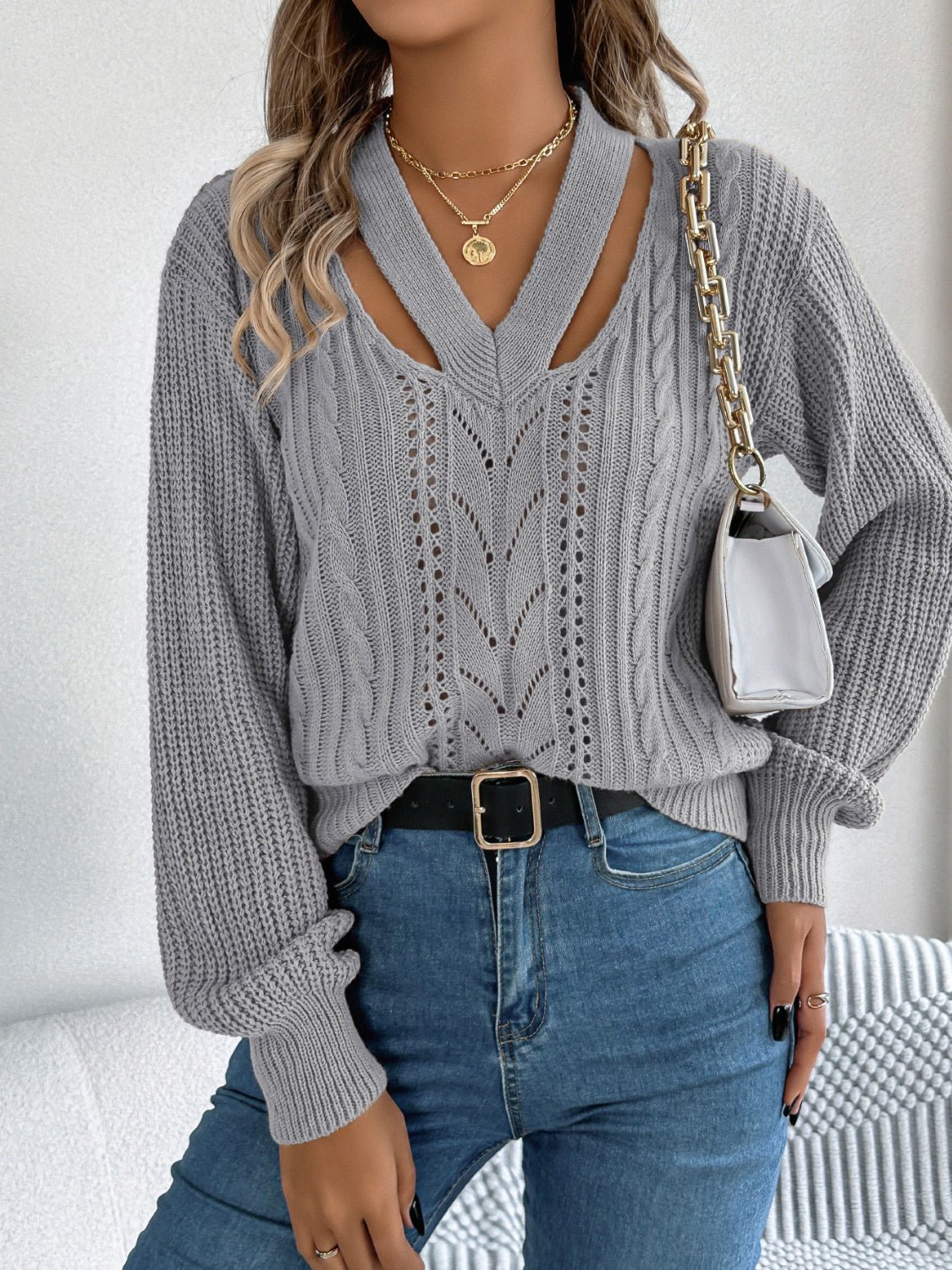 Cutout V - Neck Long Sleeve Sweater - ViarousViarousViarous