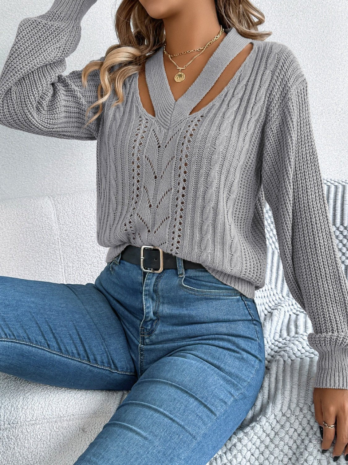 Cutout V - Neck Long Sleeve Sweater - ViarousViarousViarous