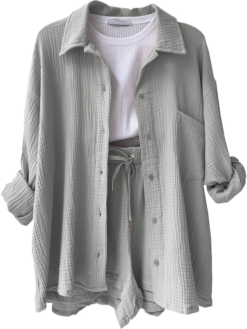 Texture Button Up Shirt and Drawstring Shorts Set - Viarous