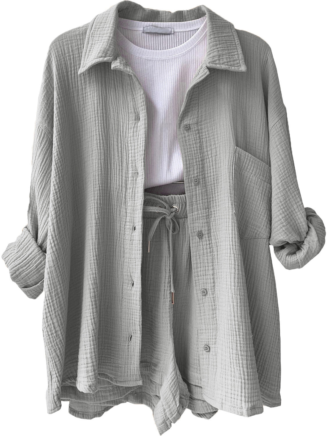 Texture Button Up Shirt and Drawstring Shorts Set - Viarous