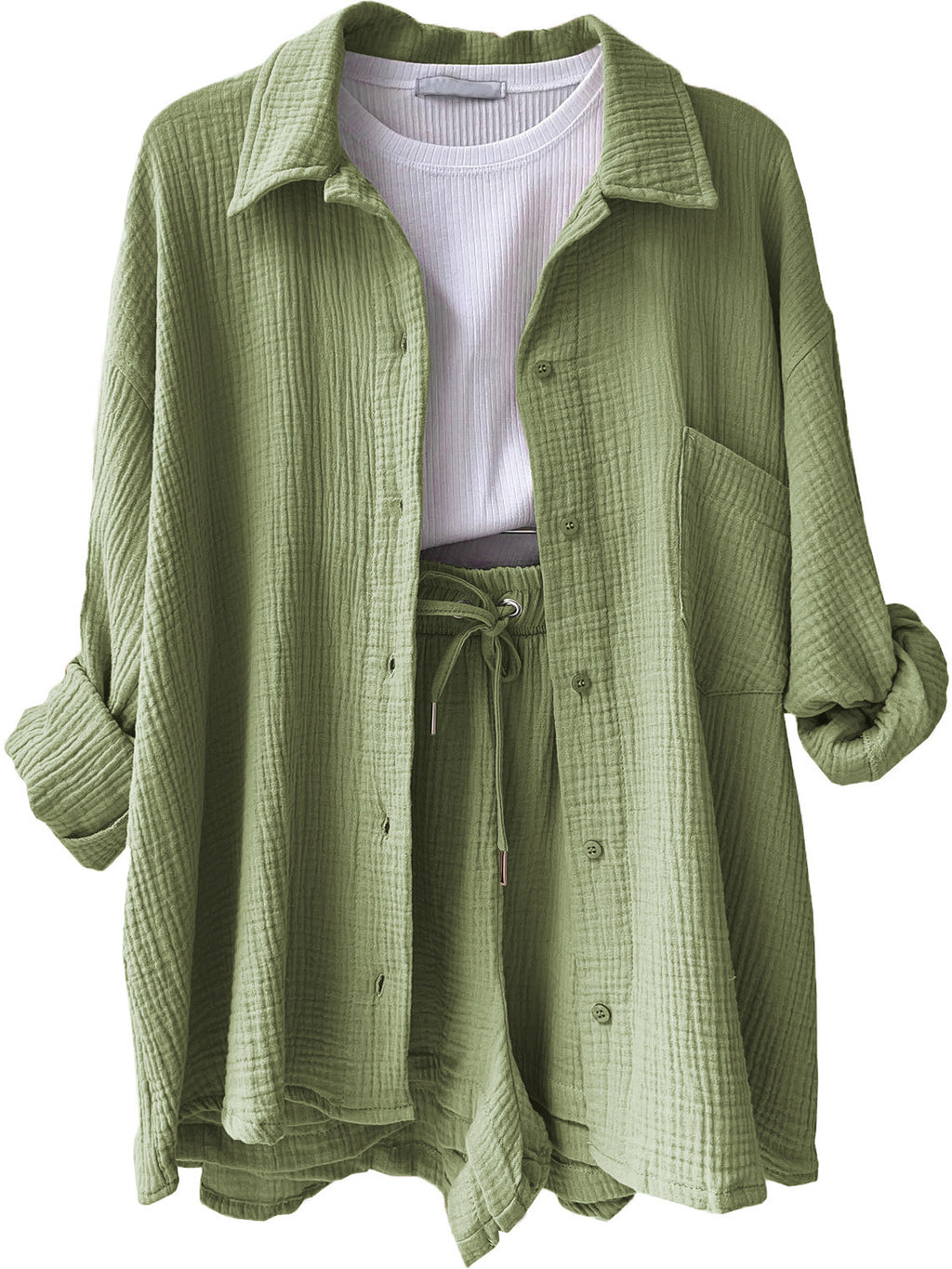 Texture Button Up Shirt and Drawstring Shorts Set - Viarous