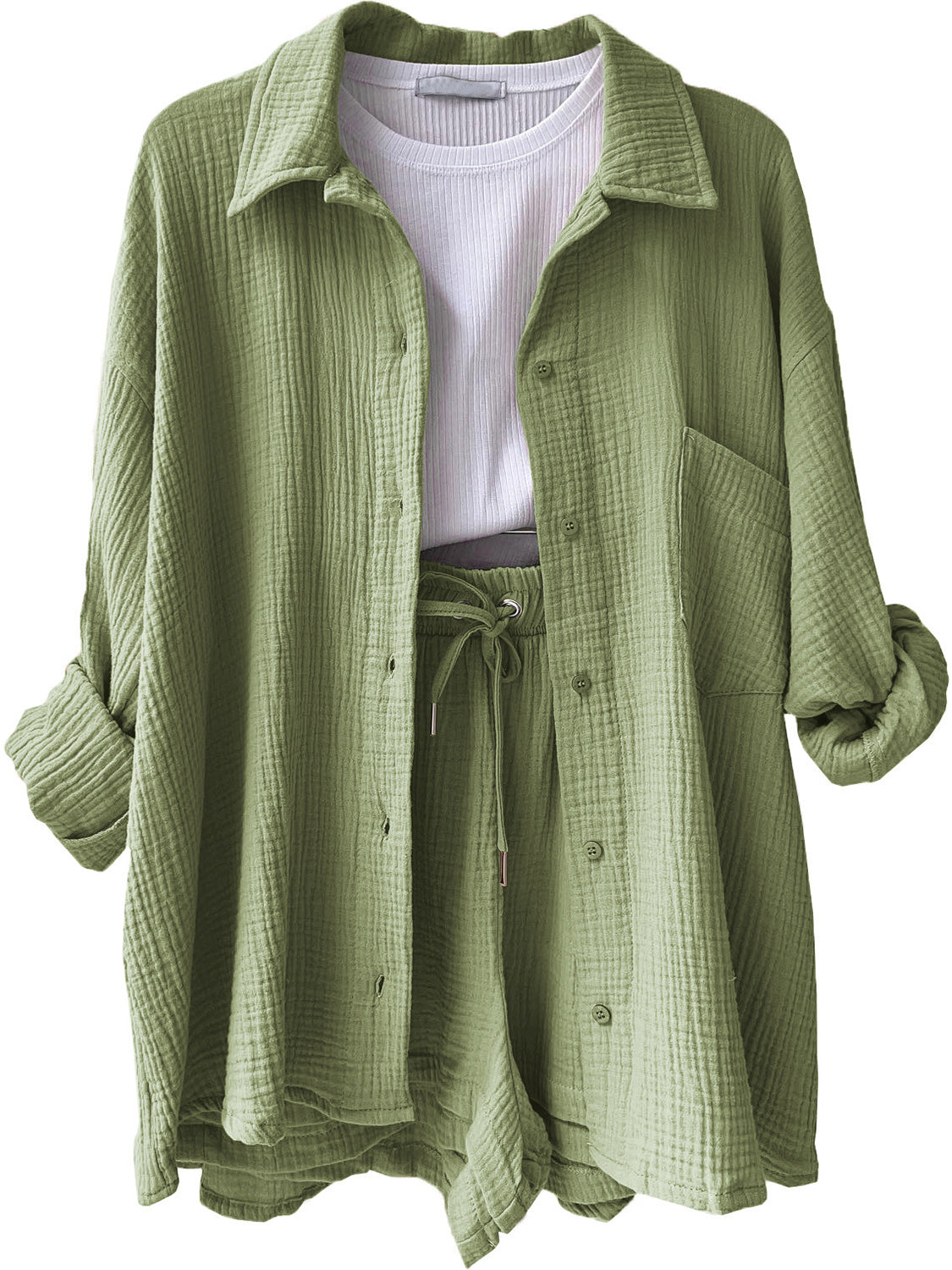 Texture Button Up Shirt and Drawstring Shorts Set - Viarous