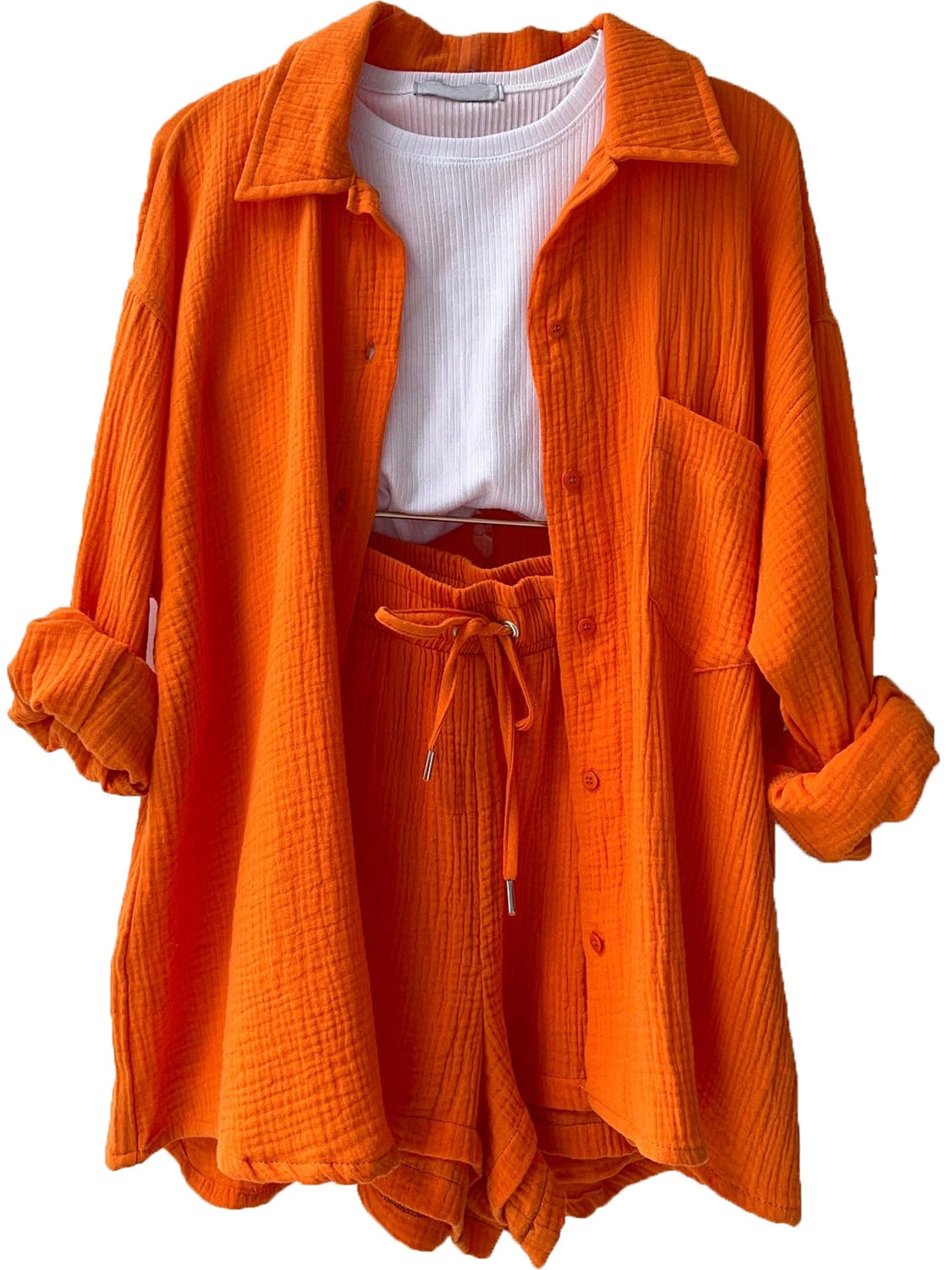 Texture Button Up Shirt and Drawstring Shorts Set - Viarous