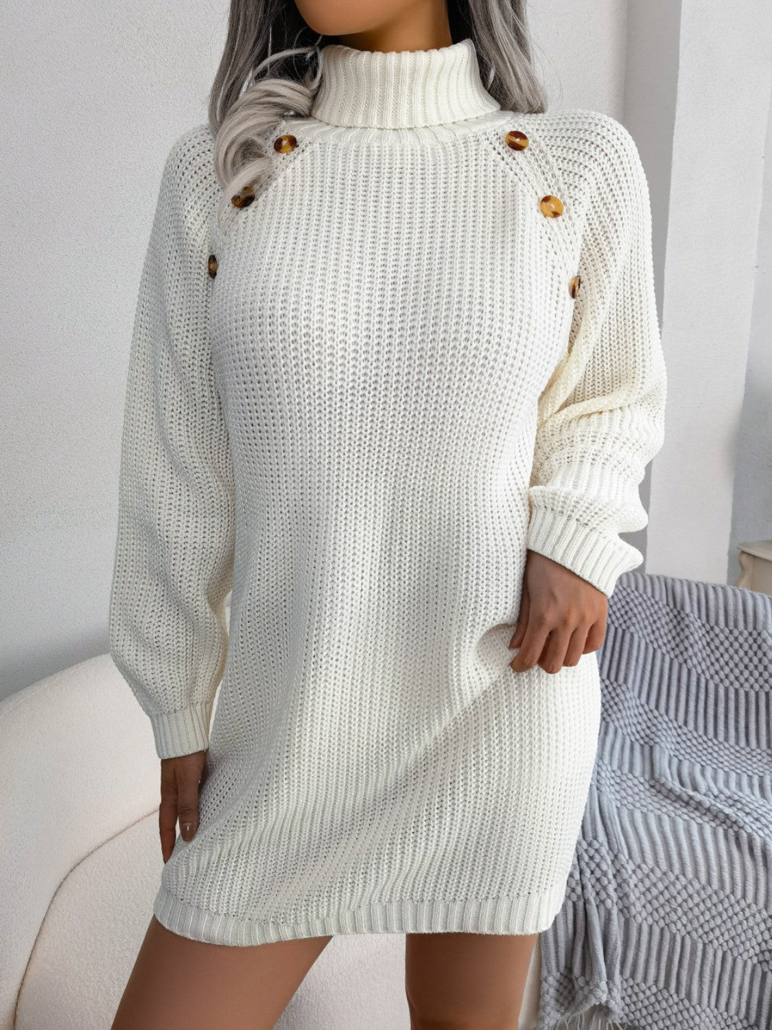 Decorative Button Turtleneck Sweater Dress - ViarousViarousViarous